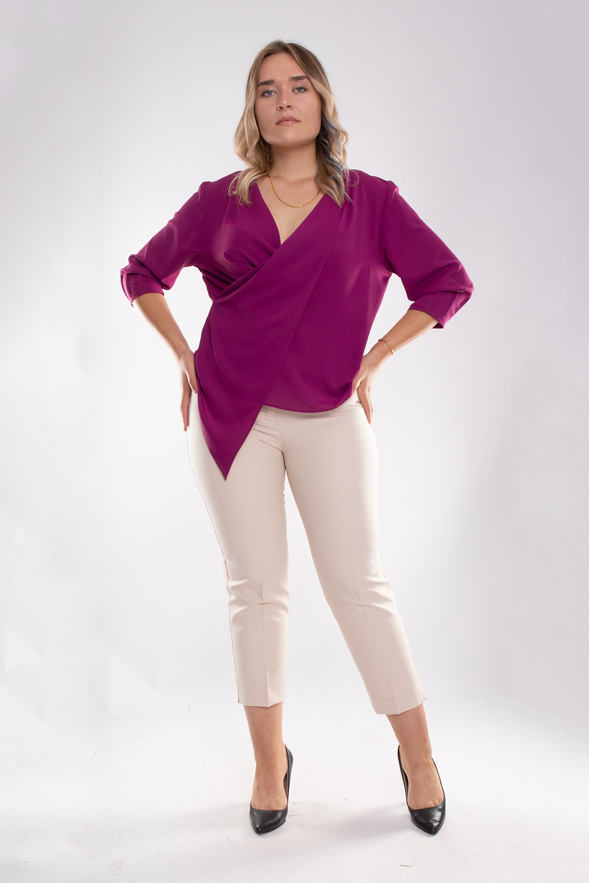 4023 Büyük Beden Kruvaze Yaka Şifon Bluz