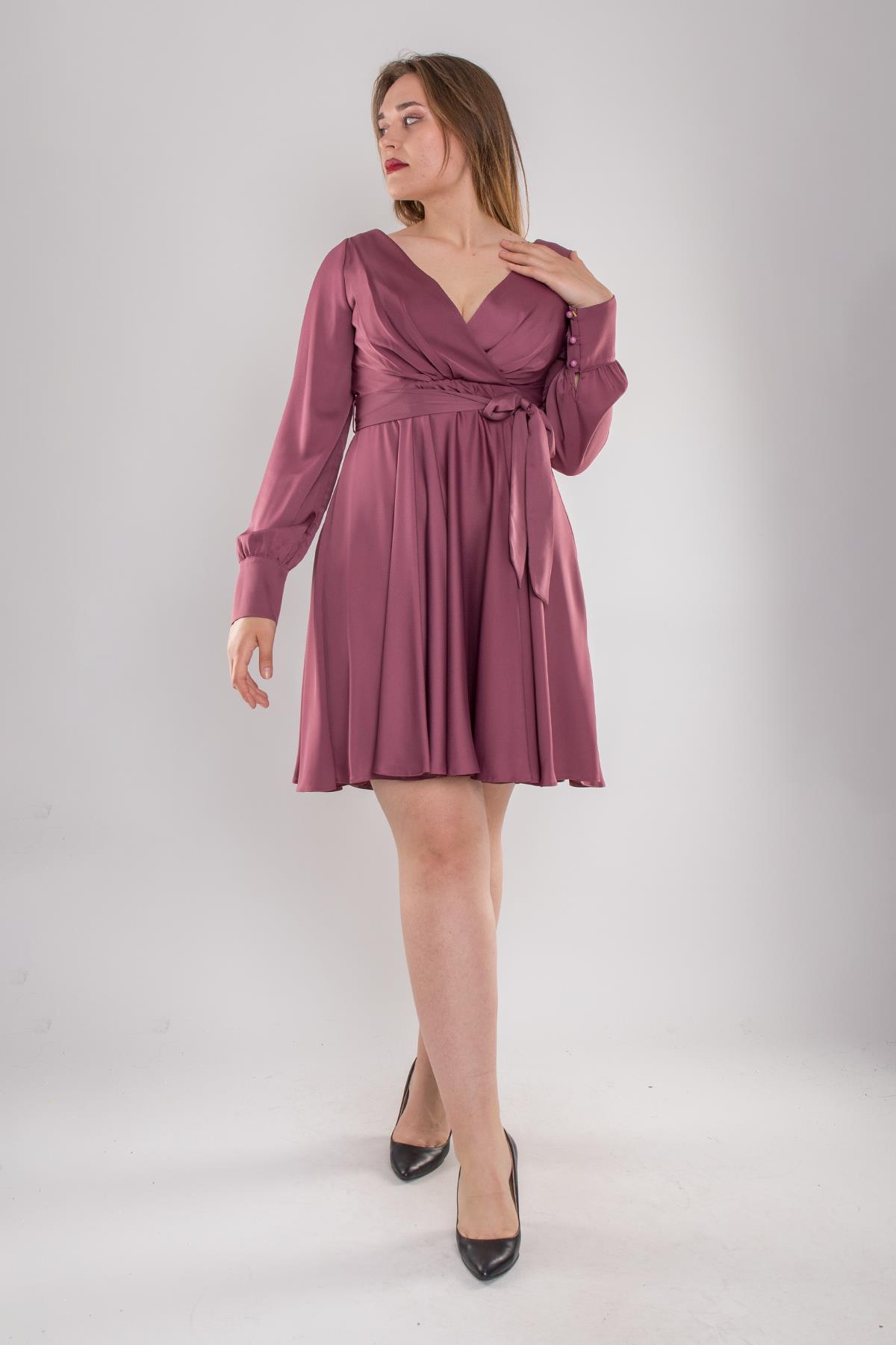 4032 Büyük Beden Derin V Yaka Uzun Kol Saten Kısa Elbise