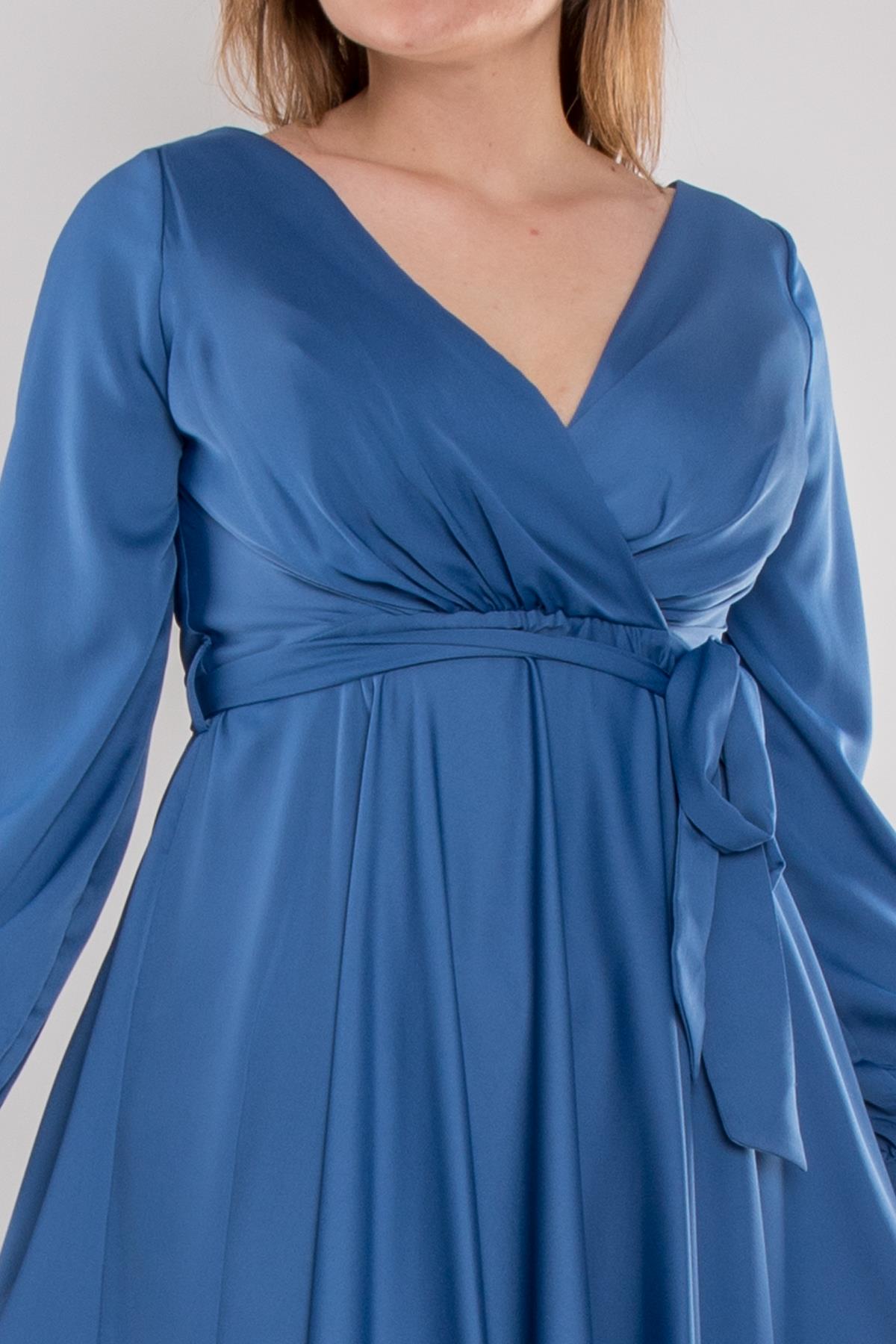 4032 Büyük Beden Derin V Yaka Uzun Kol Saten Kısa Elbise