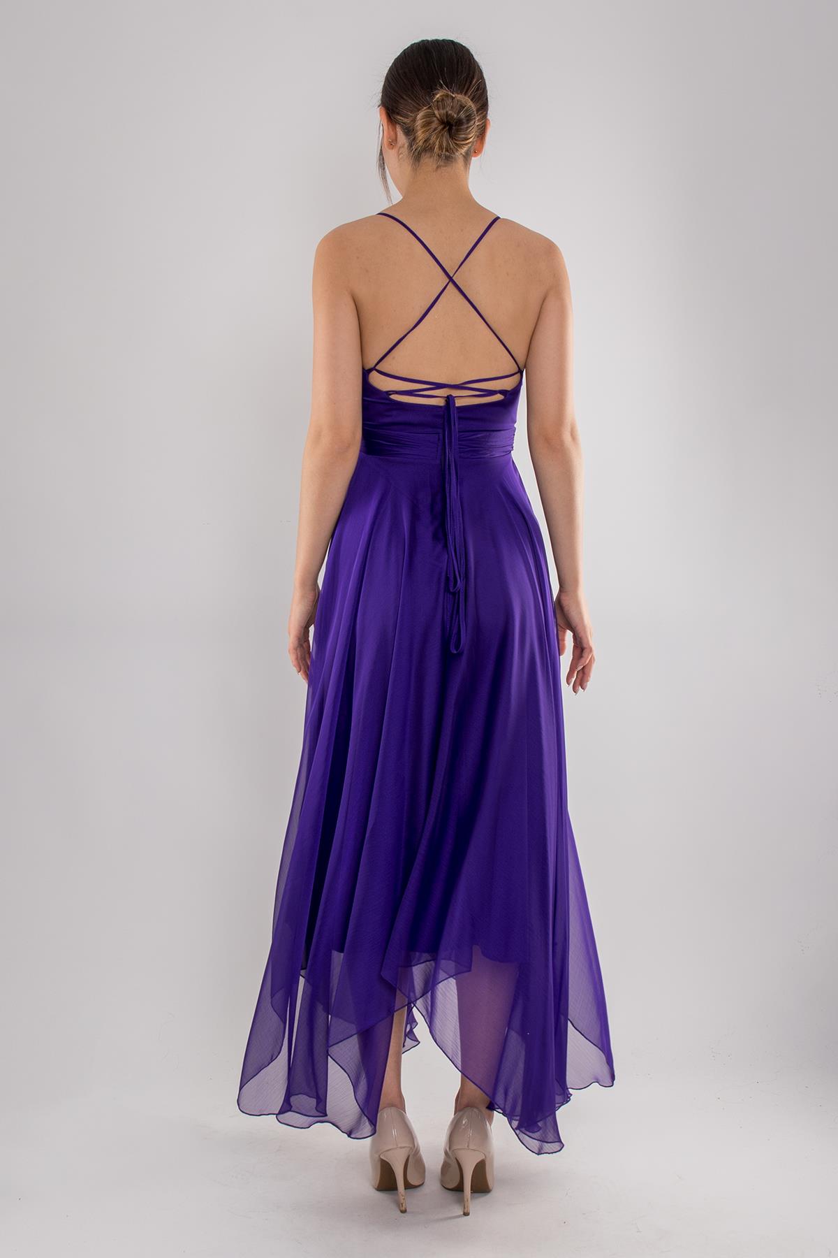 4059 Sırt İp Askı Kristal Şifon Midiboy Elbise