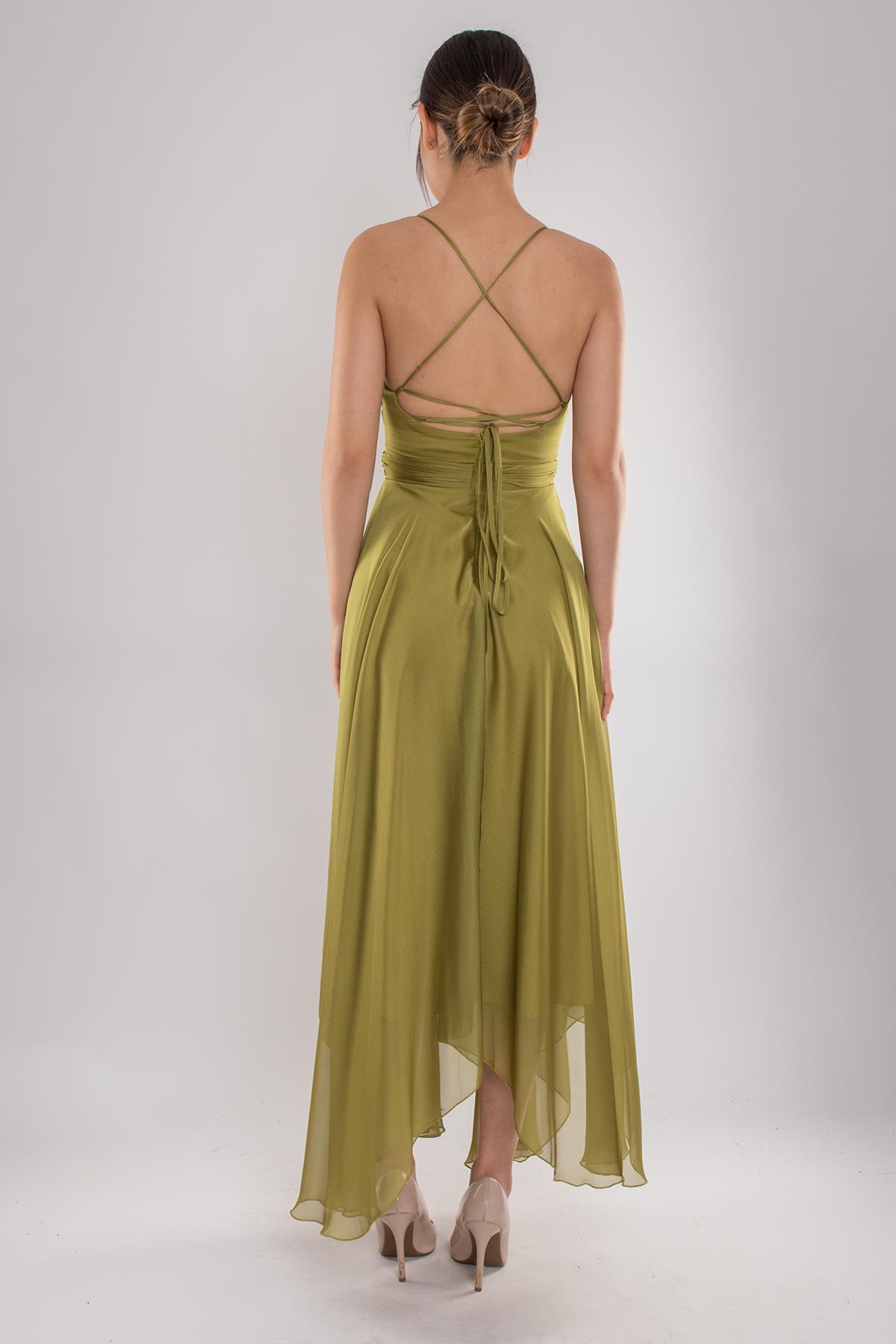 4059 Sırt İp Askı Kristal Şifon Midiboy Elbise