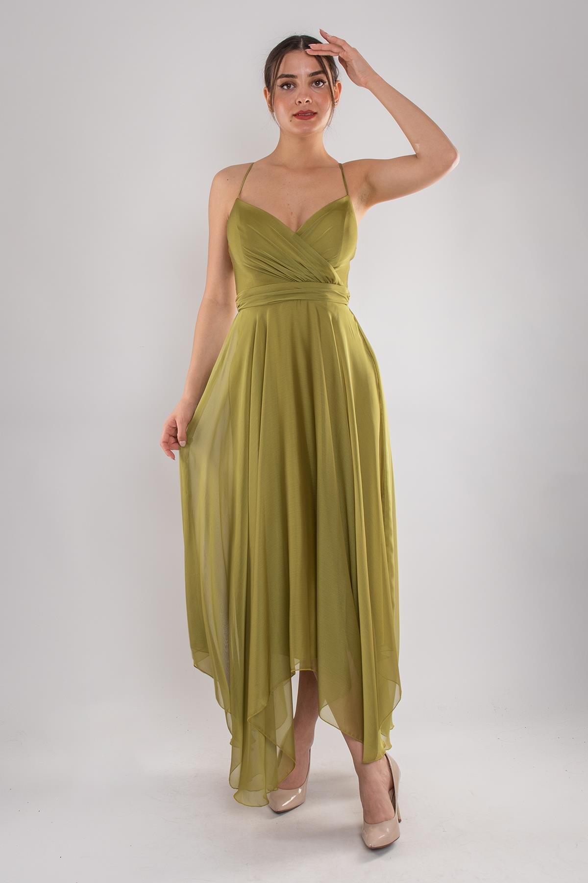 4059 Sırt İp Askı Kristal Şifon Midiboy Elbise