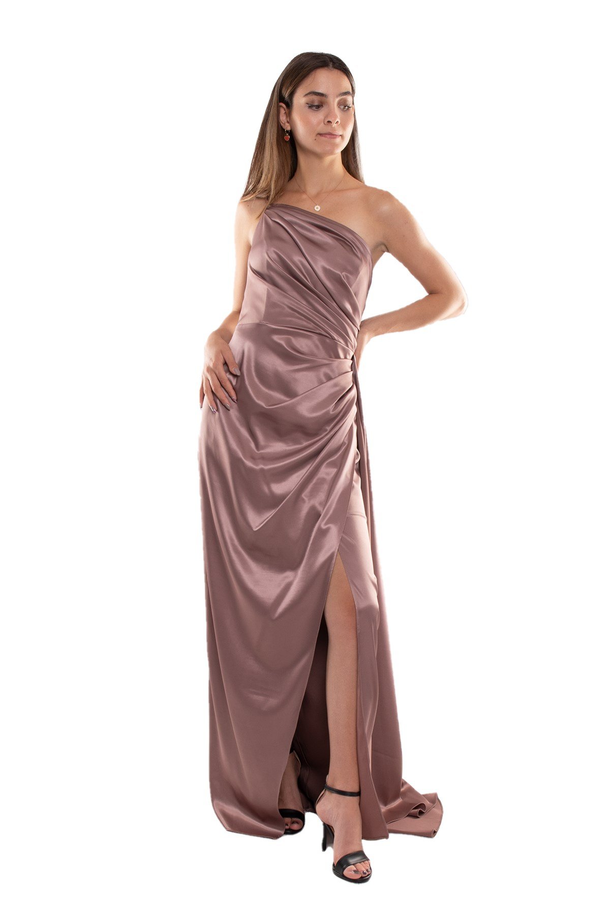 408 Tek Omuz Beli Drape Yırtmaç ve Kuyruklu Saten Uzun Elbise
