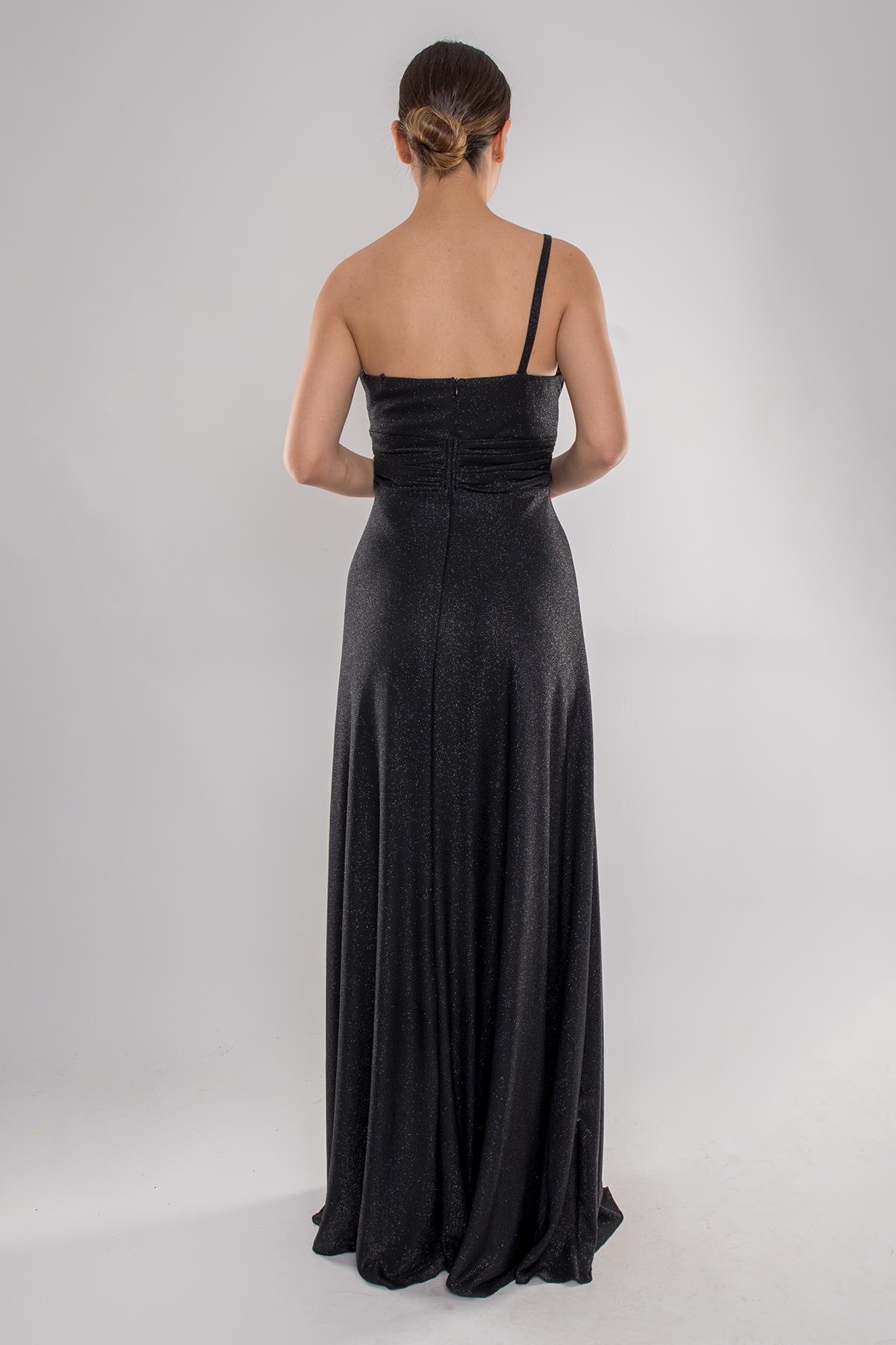 4097 Tek Omuz Beli Drape Kendinden Simli Uzun Elbise