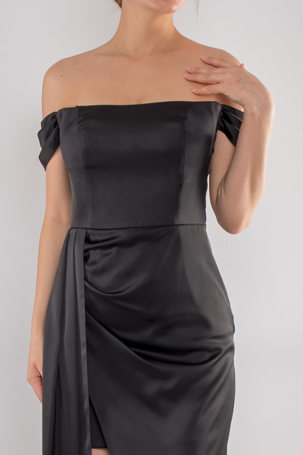 4111 Kare Yaka Mendil Kol Yırtmaçlı Saten Uzun Elbise