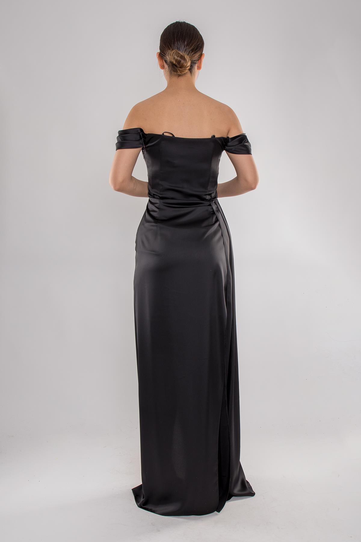 4111 Kare Yaka Mendil Kol Yırtmaçlı Saten Uzun Elbise