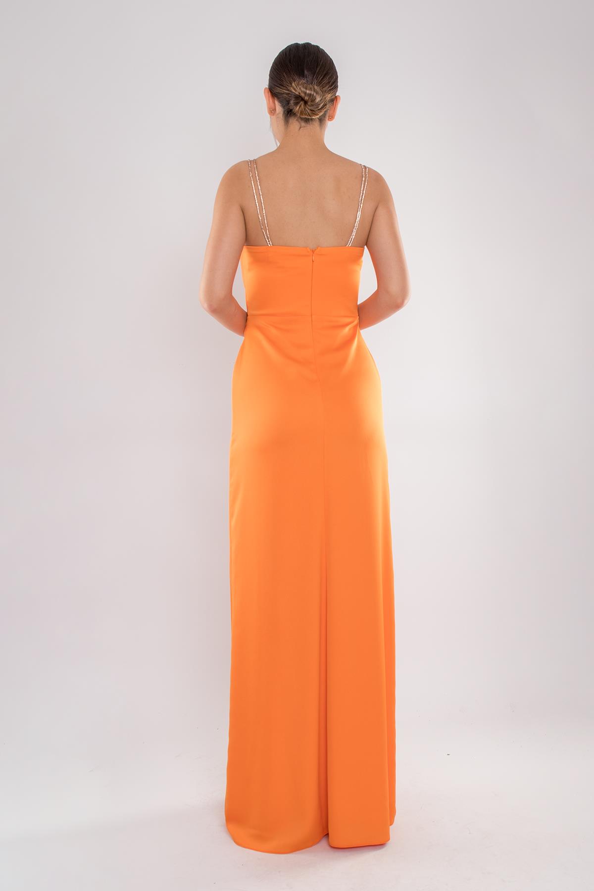 4116 Taş Askı Şal Yaka Saten Uzun Elbise