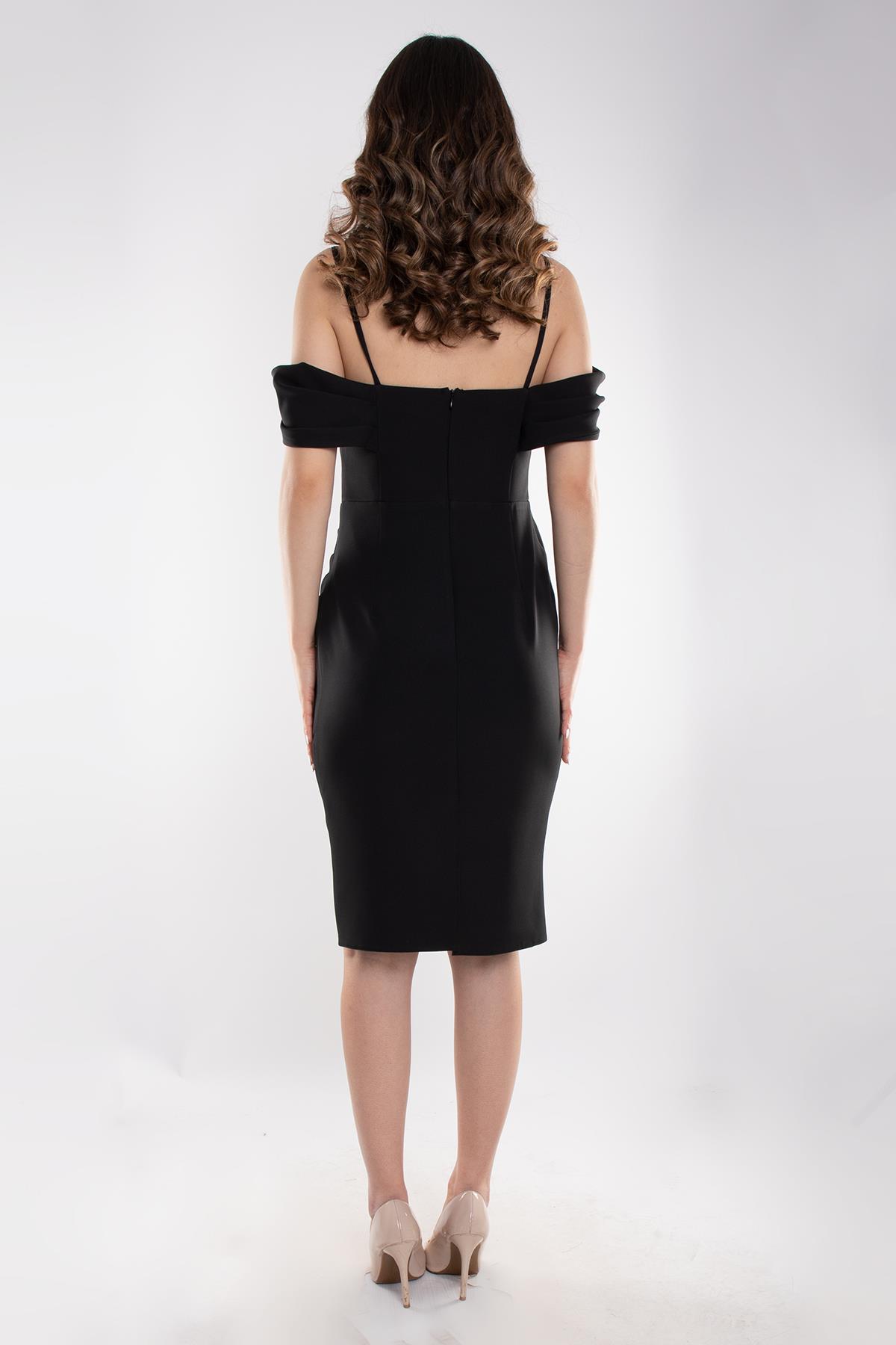 4150 Vyaka İpAskı Valon Kol Detay Kısa Krep Elbise