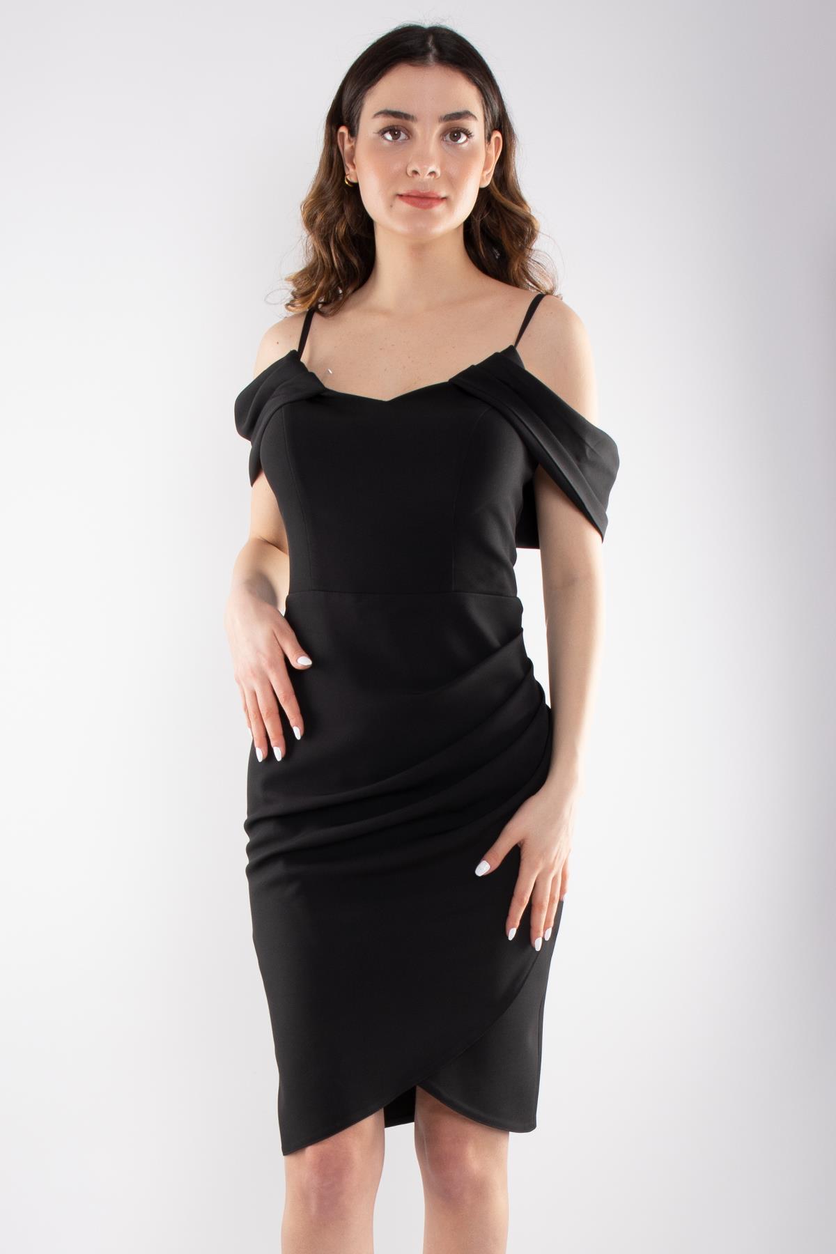 4150 Vyaka İpAskı Valon Kol Detay Kısa Krep Elbise