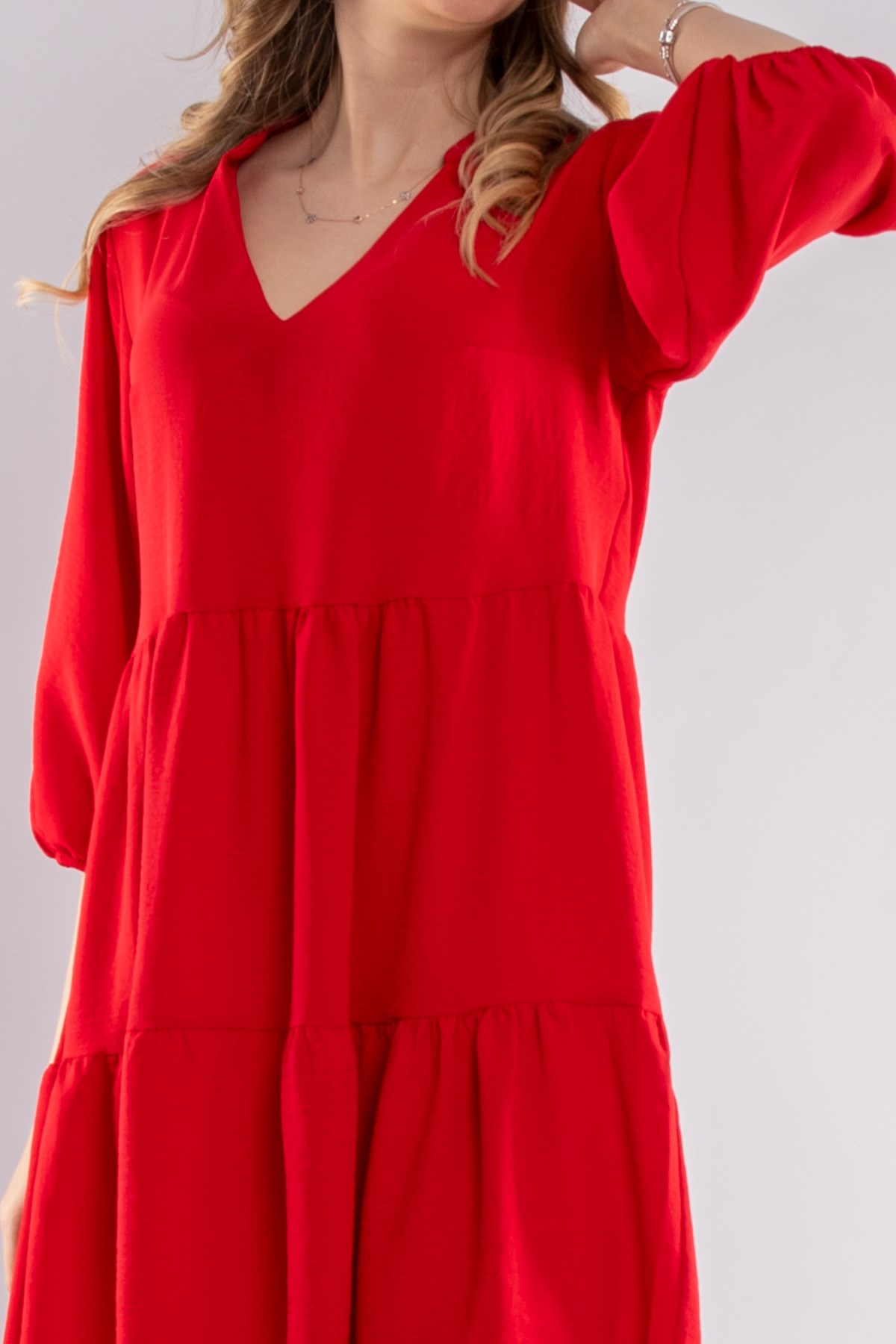 4154 VYaka Kol Ucu Lastikli Katlı Kısa Elbise