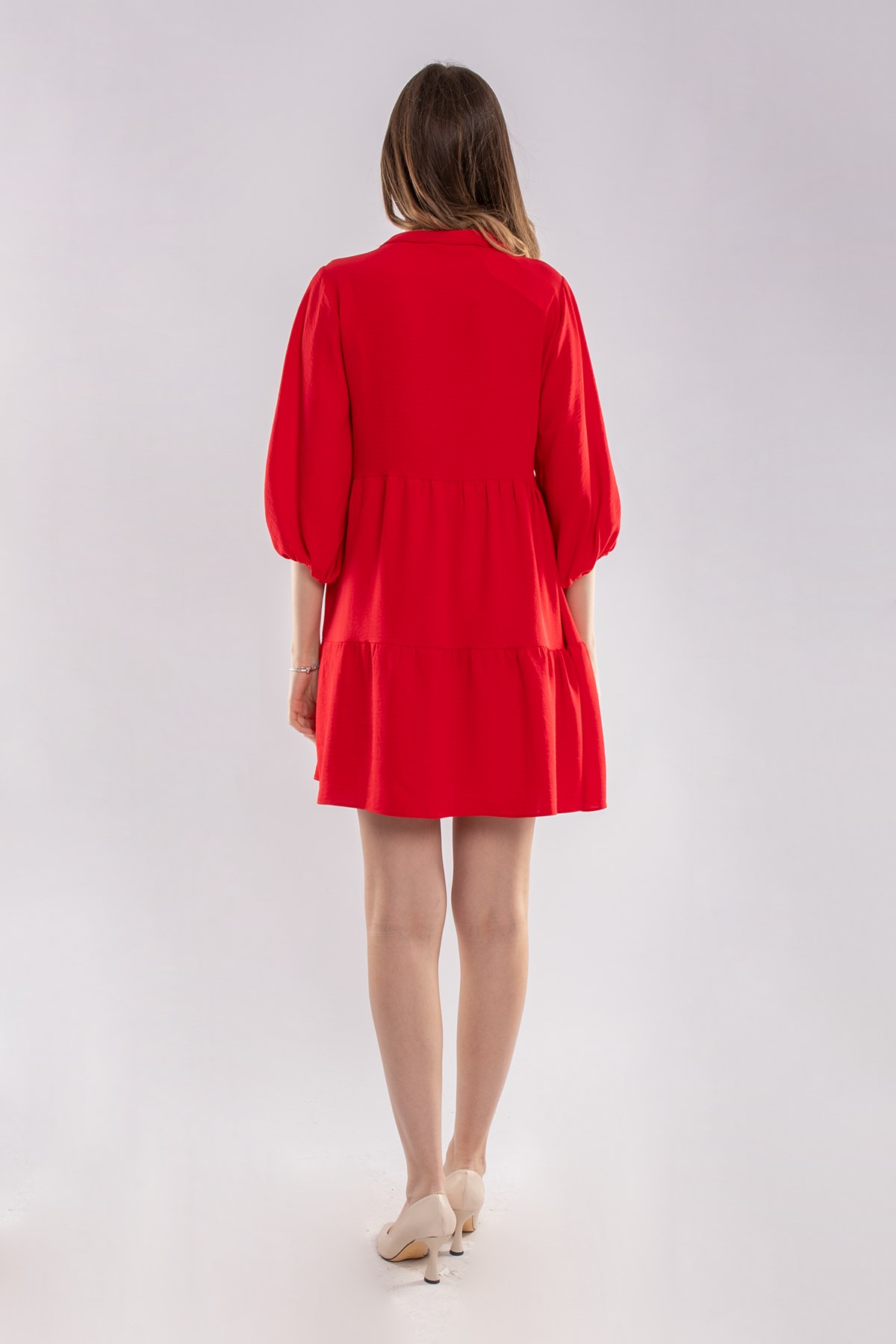 4154 VYaka Kol Ucu Lastikli Katlı Kısa Elbise