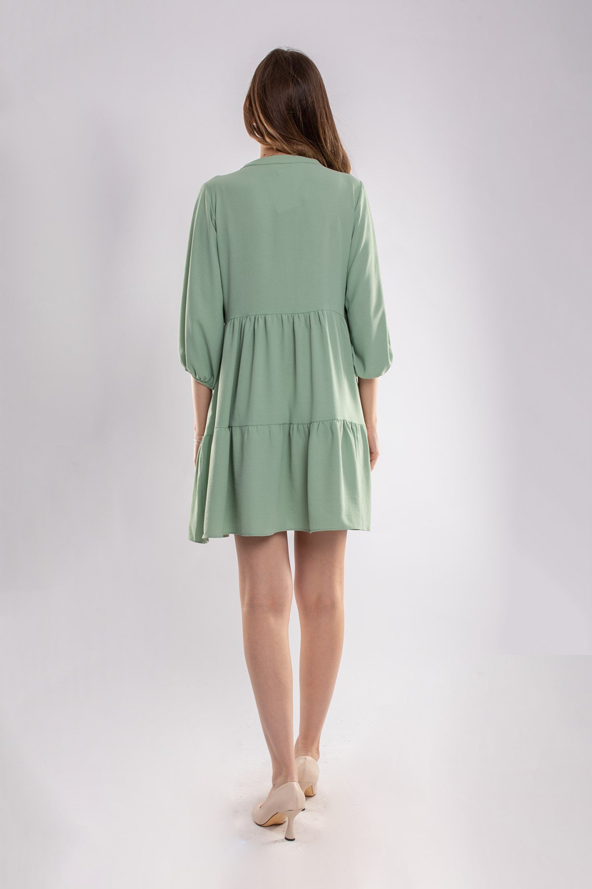 4154 VYaka Kol Ucu Lastikli Katlı Kısa Elbise