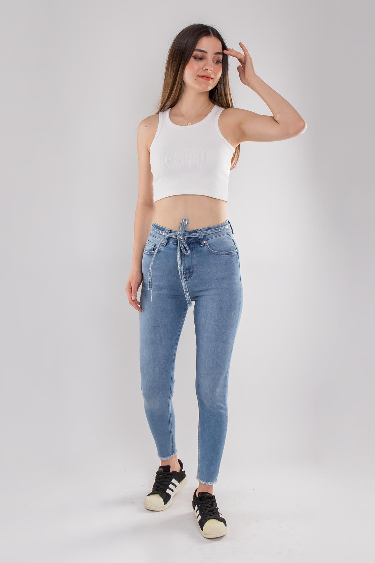 418 Paça Yırtıklı Taşlı Kot Kemerli Pamuklu Kadın Kot Pantolon