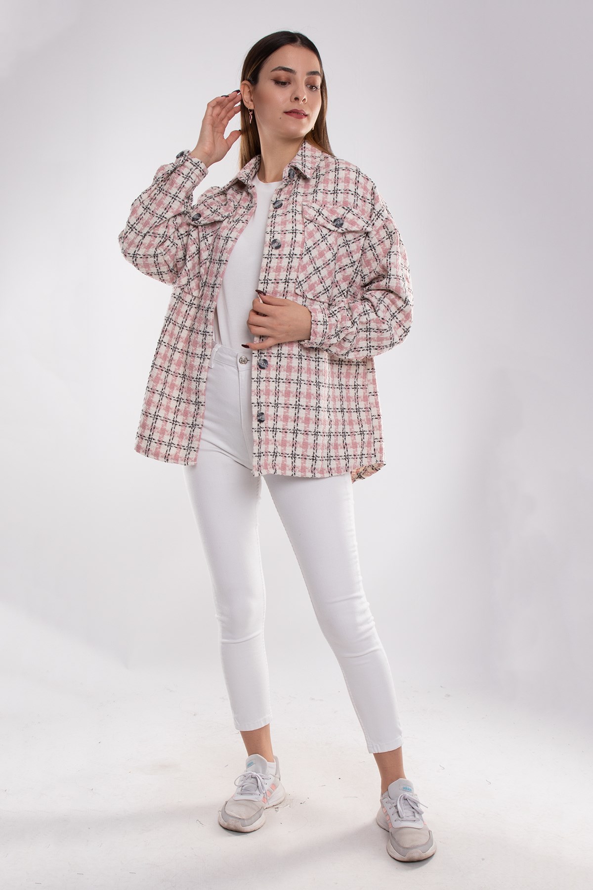 4180 Kareli Kazayağı Çift Cepli Pamuklu Kadın Gömlek