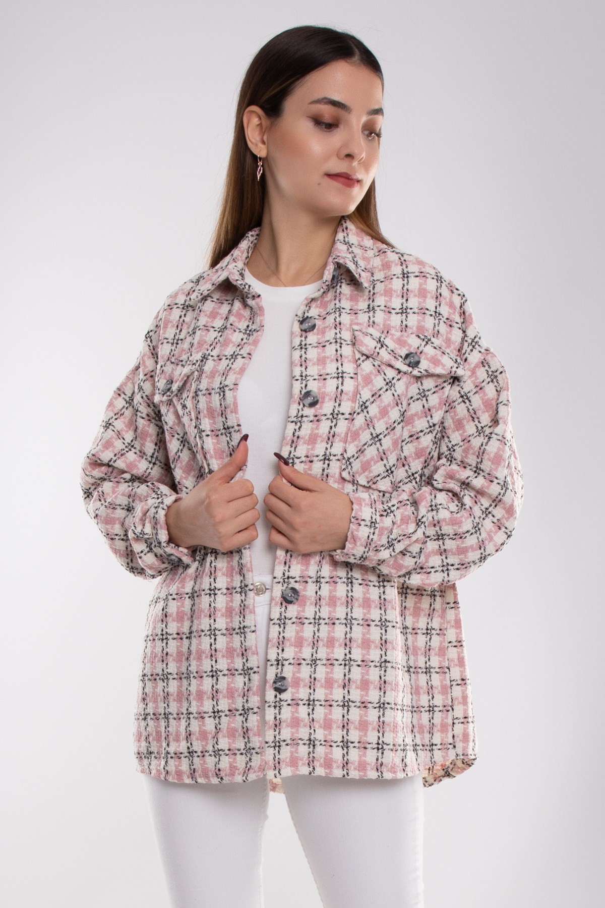 4180 Kareli Kazayağı Çift Cepli Pamuklu Kadın Gömlek