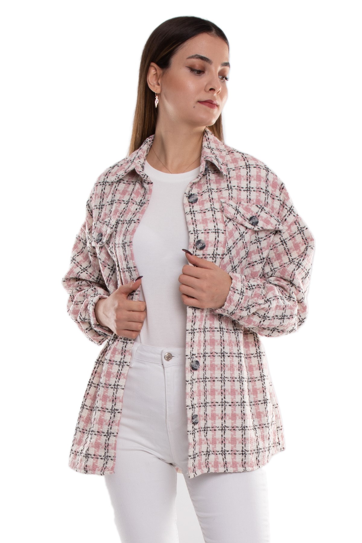 4180 Kareli Kazayağı Çift Cepli Pamuklu Kadın Gömlek