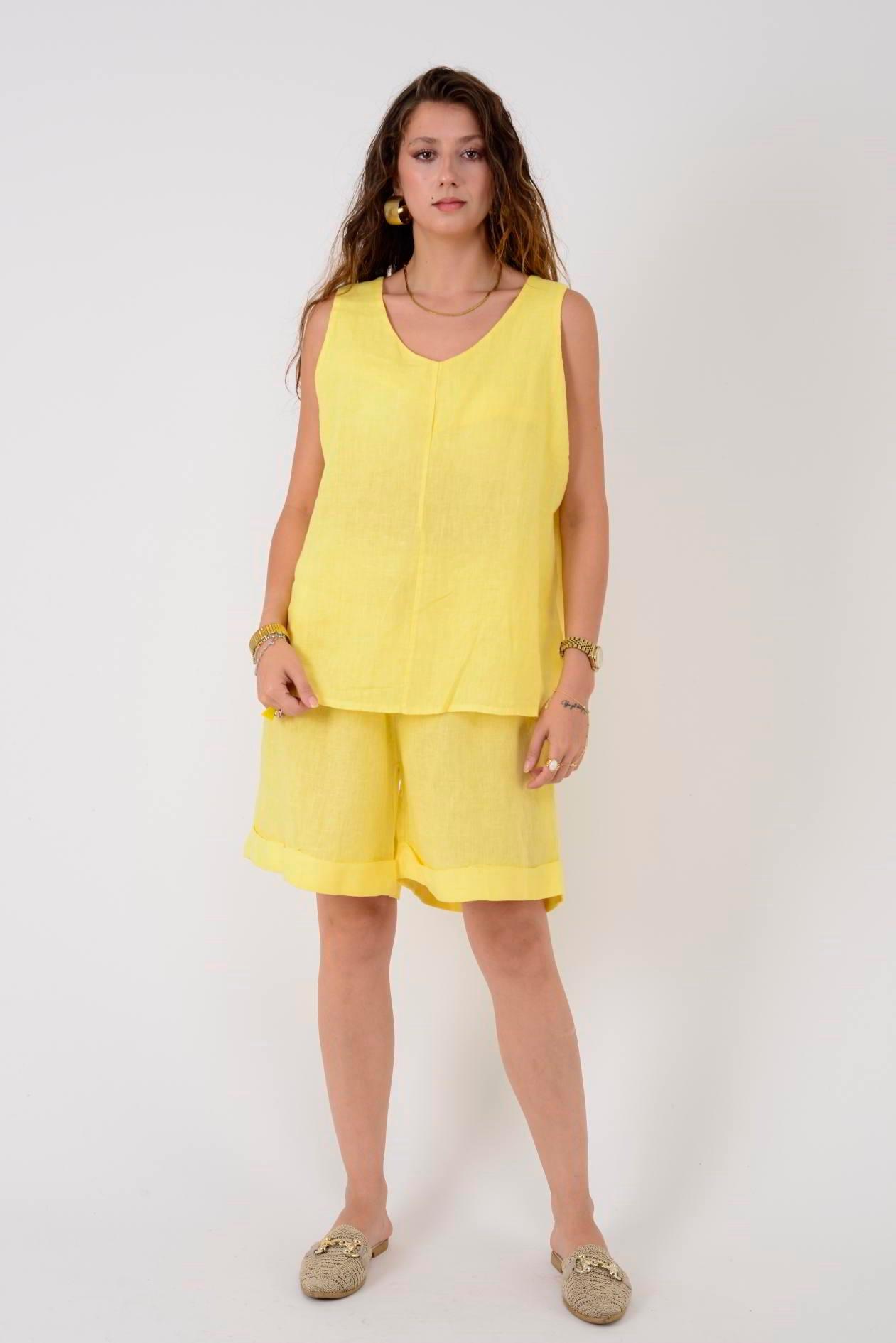 41893 Düz Desen Keten Şortlu Takım