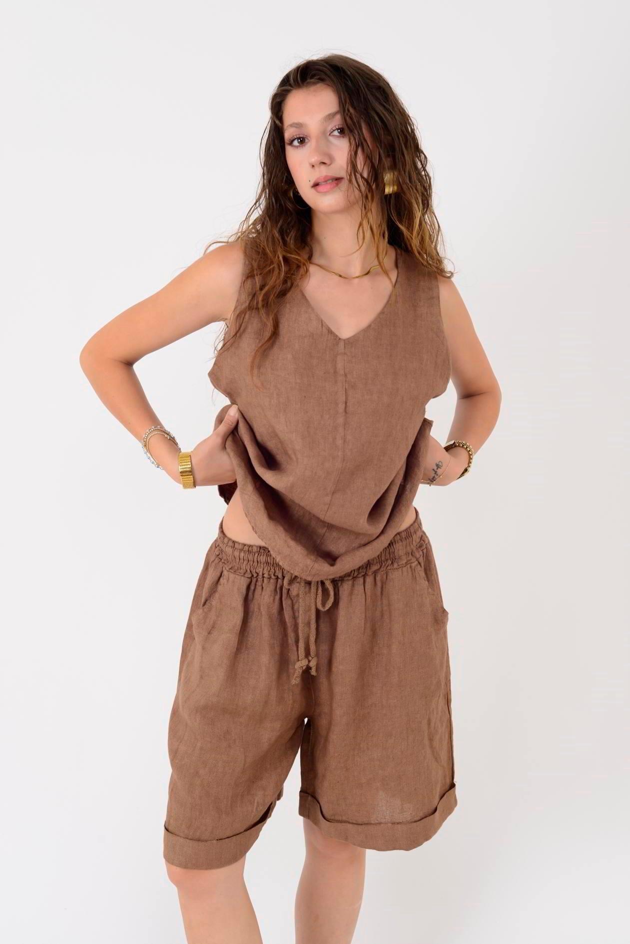 41893 Düz Desen Keten Şortlu Takım