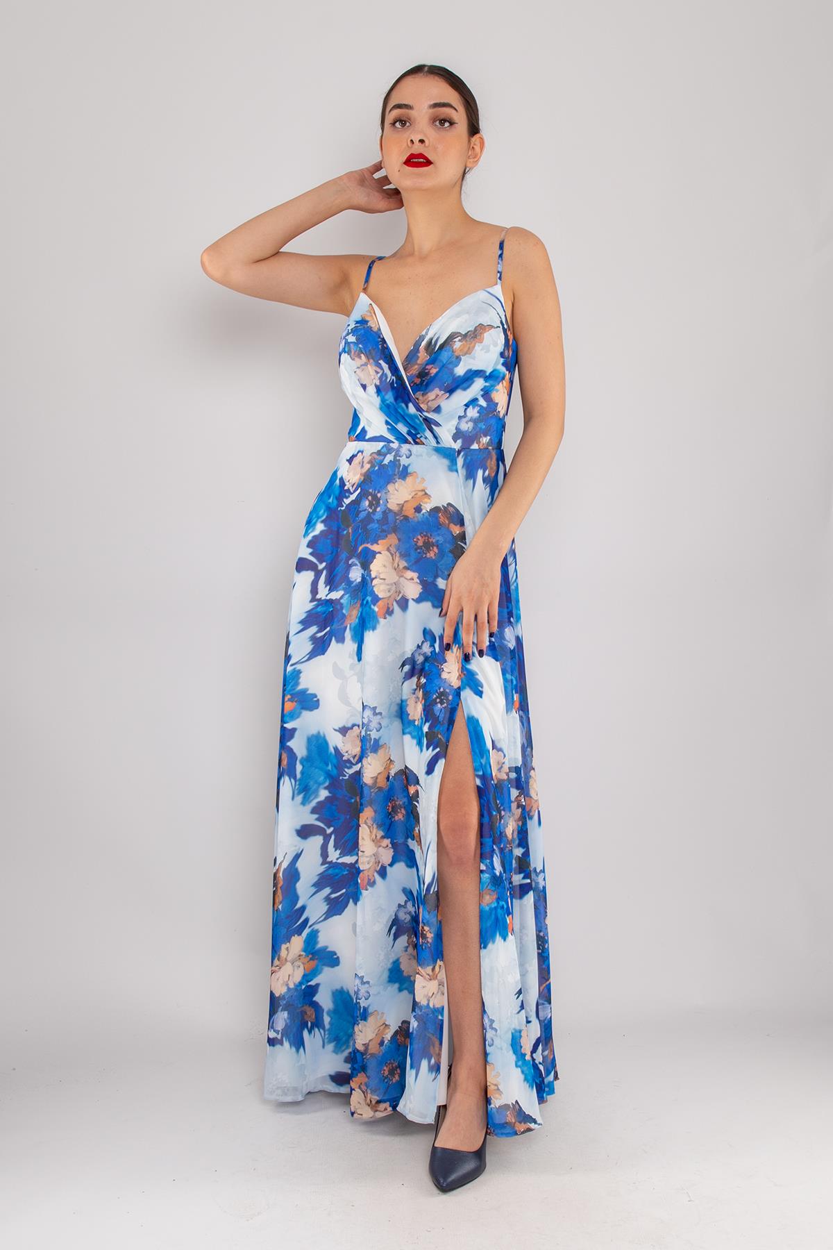 4244 İpAskı Kruvaze Desenli Yırtmaçlı Astarlı Uzun Şifon Elbise