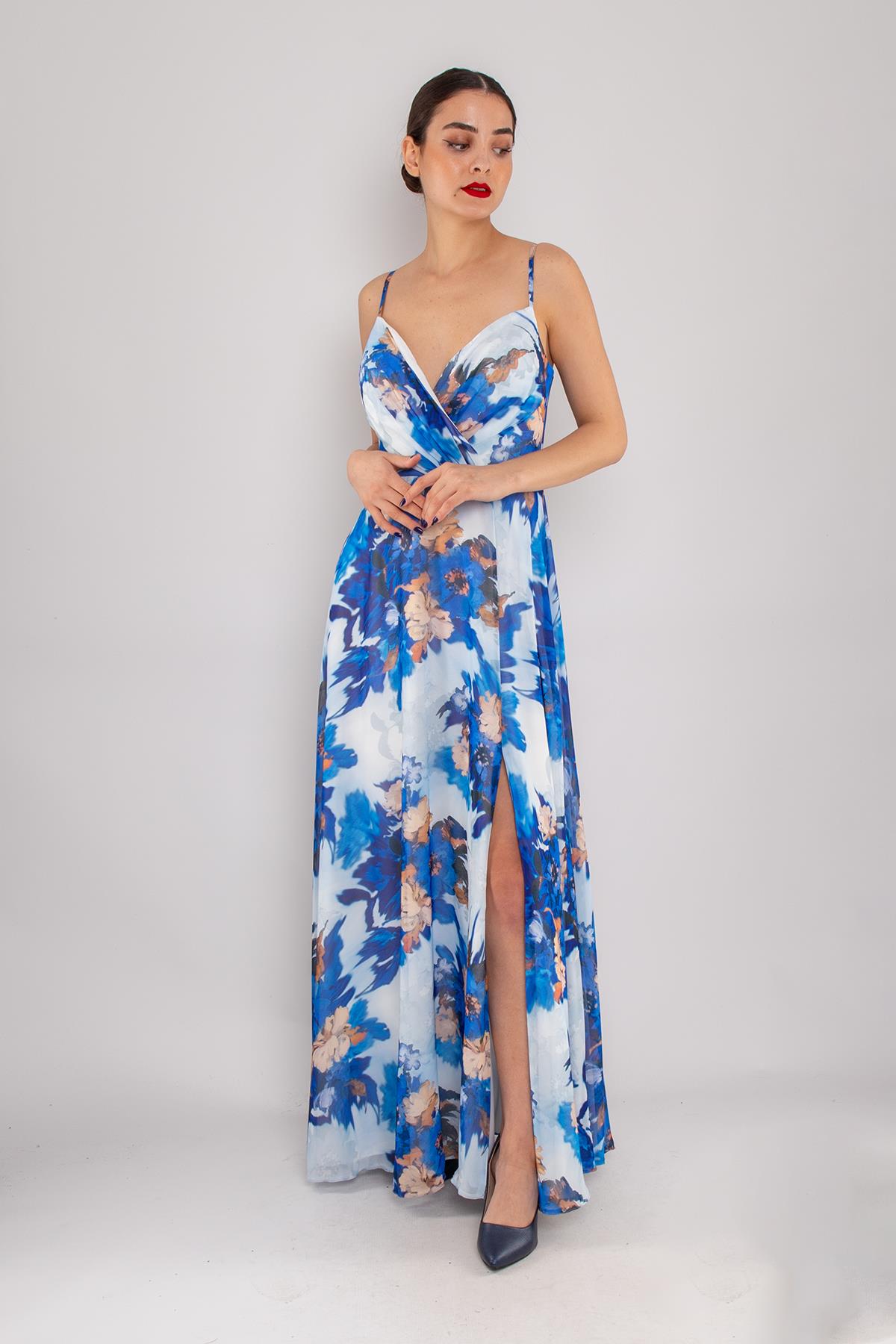 4244 İpAskı Kruvaze Desenli Yırtmaçlı Astarlı Uzun Şifon Elbise