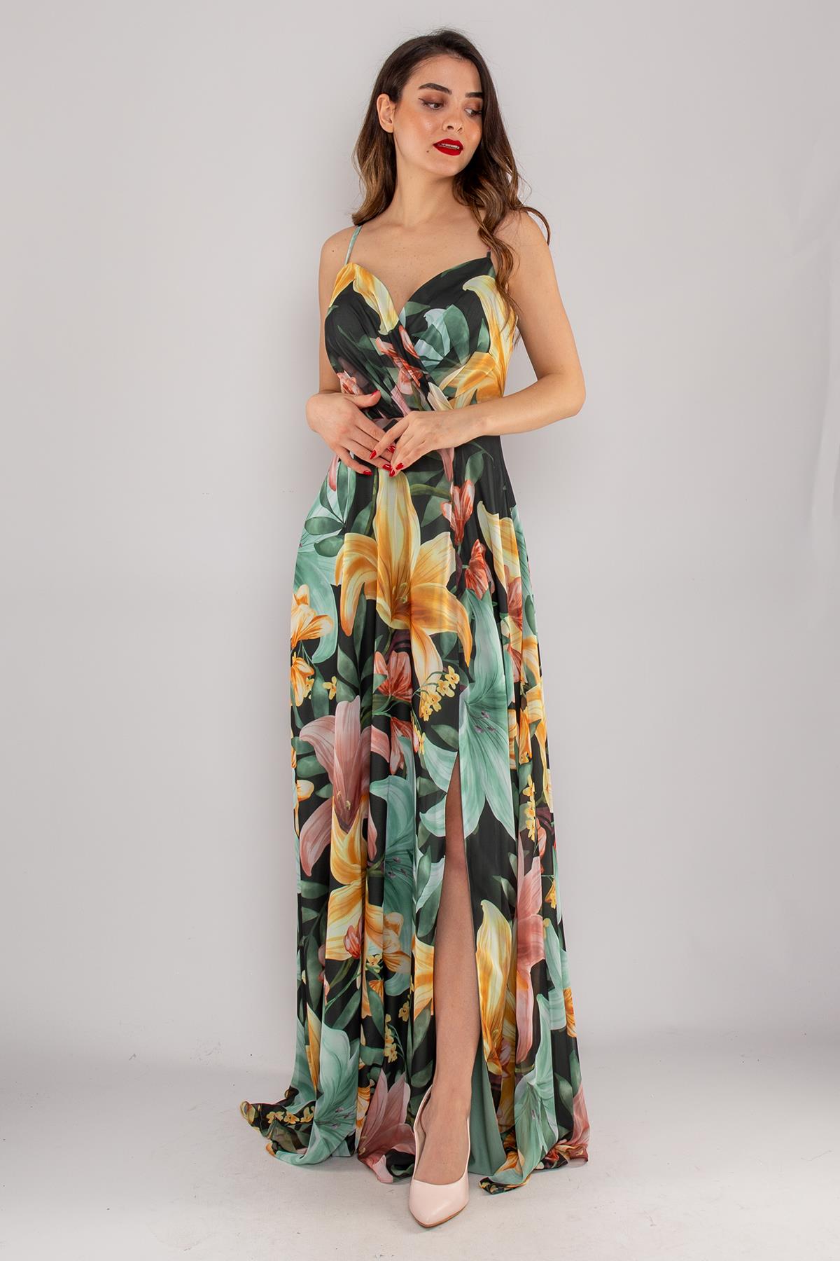 4244 İpAskı Kruvaze Desenli Yırtmaçlı Astarlı Uzun Şifon Elbise