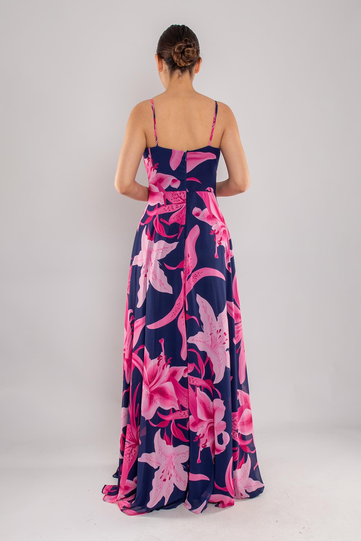 4244 İpAskı Kruvaze Desenli Yırtmaçlı Astarlı Uzun Şifon Elbise