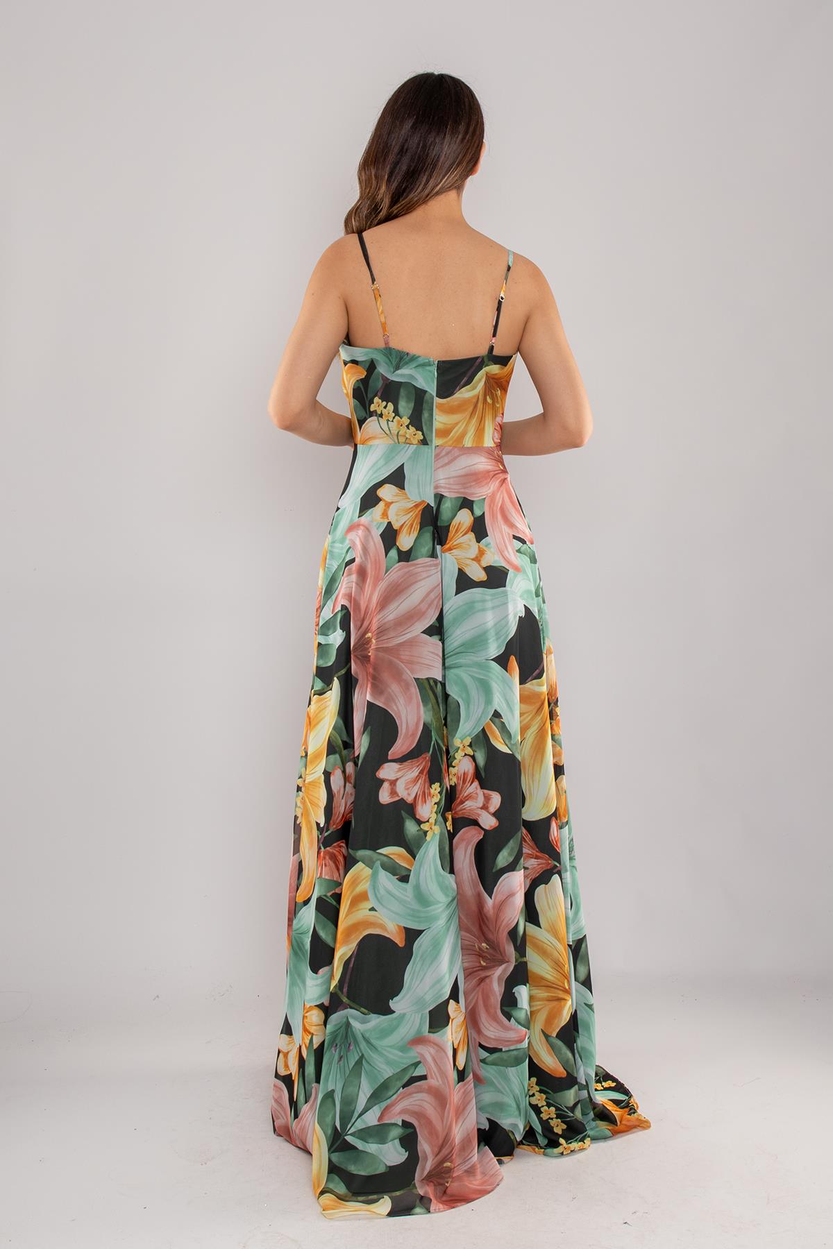 4244 İpAskı Kruvaze Desenli Yırtmaçlı Astarlı Uzun Şifon Elbise