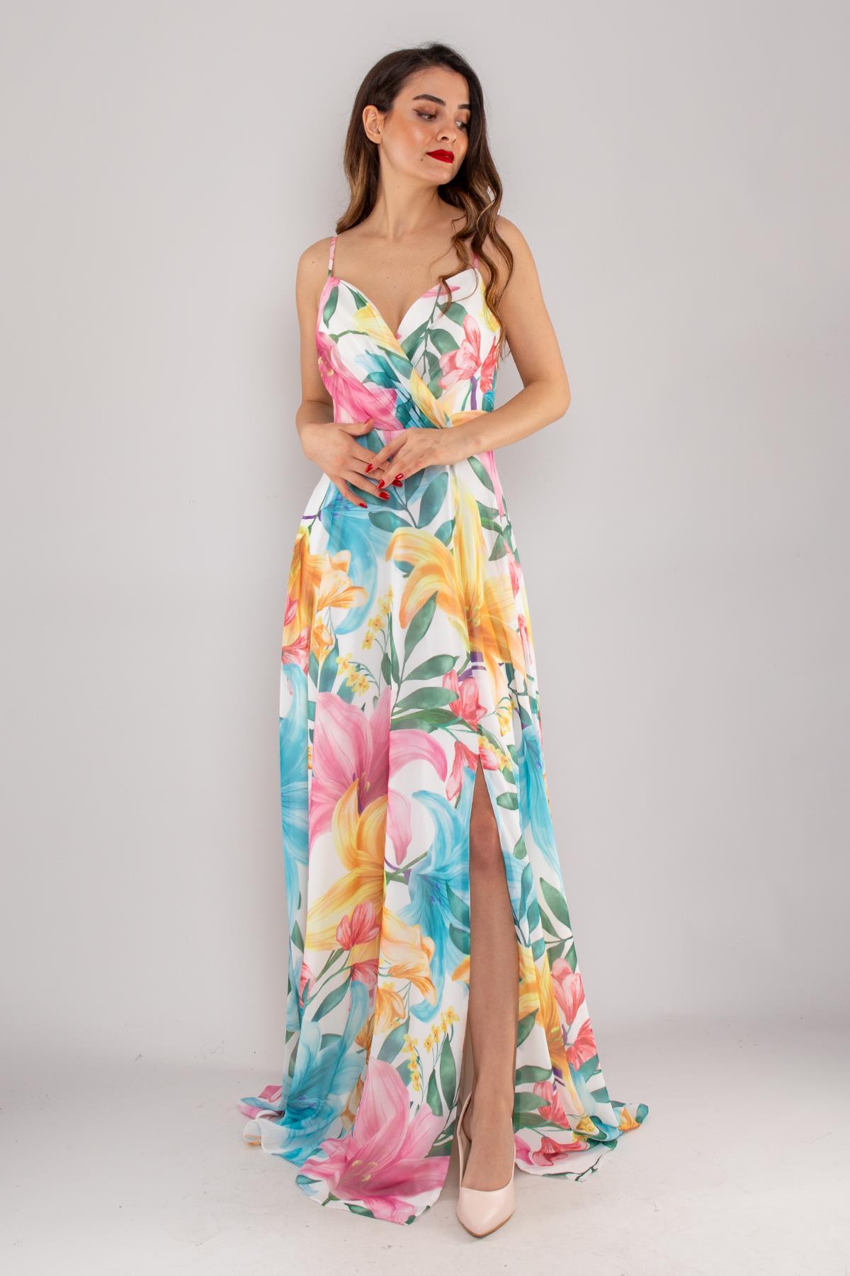 4244 İpAskı Kruvaze Desenli Yırtmaçlı Astarlı Uzun Şifon Elbise