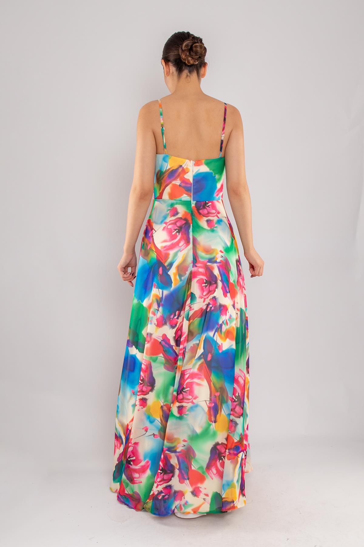 4244 İpAskı Kruvaze Desenli Yırtmaçlı Astarlı Uzun Şifon Elbise