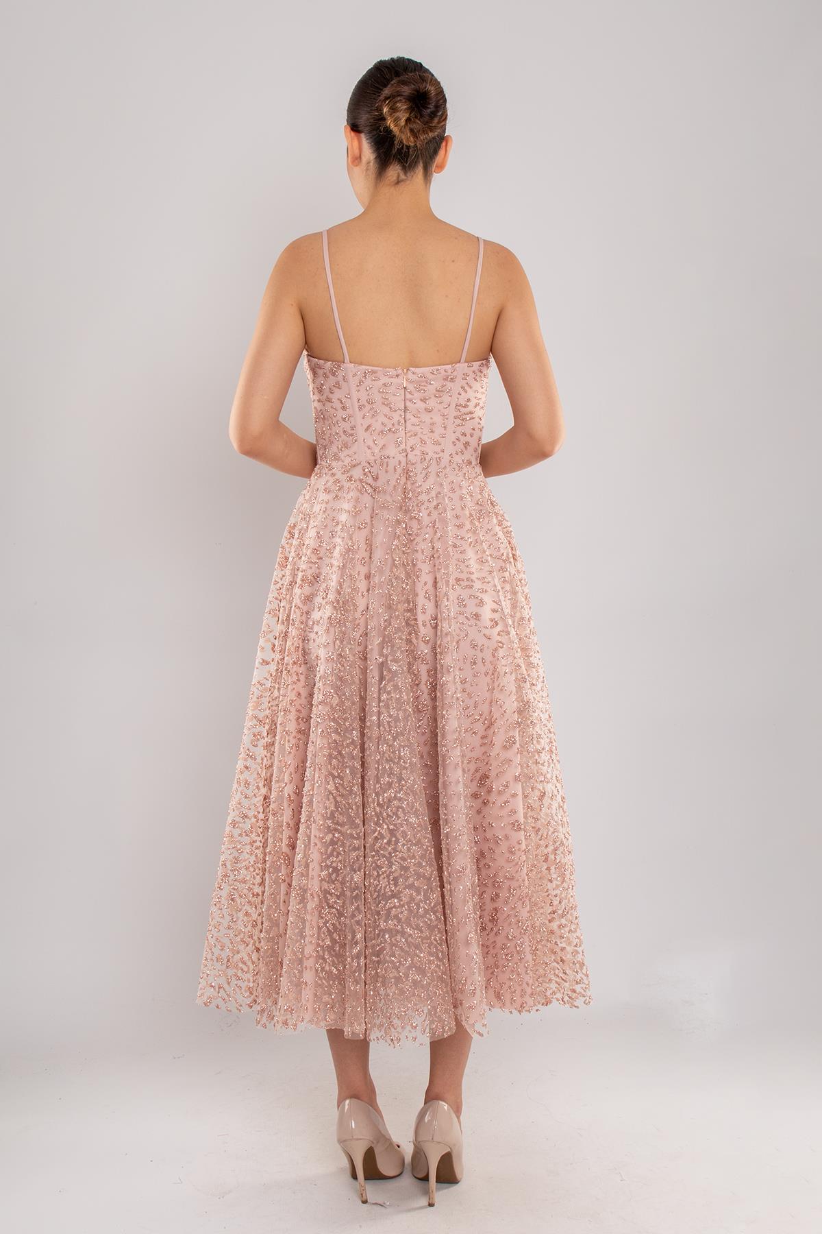 4261 İp Askı Göğüs Balenli Kloş Midiboy Elbise