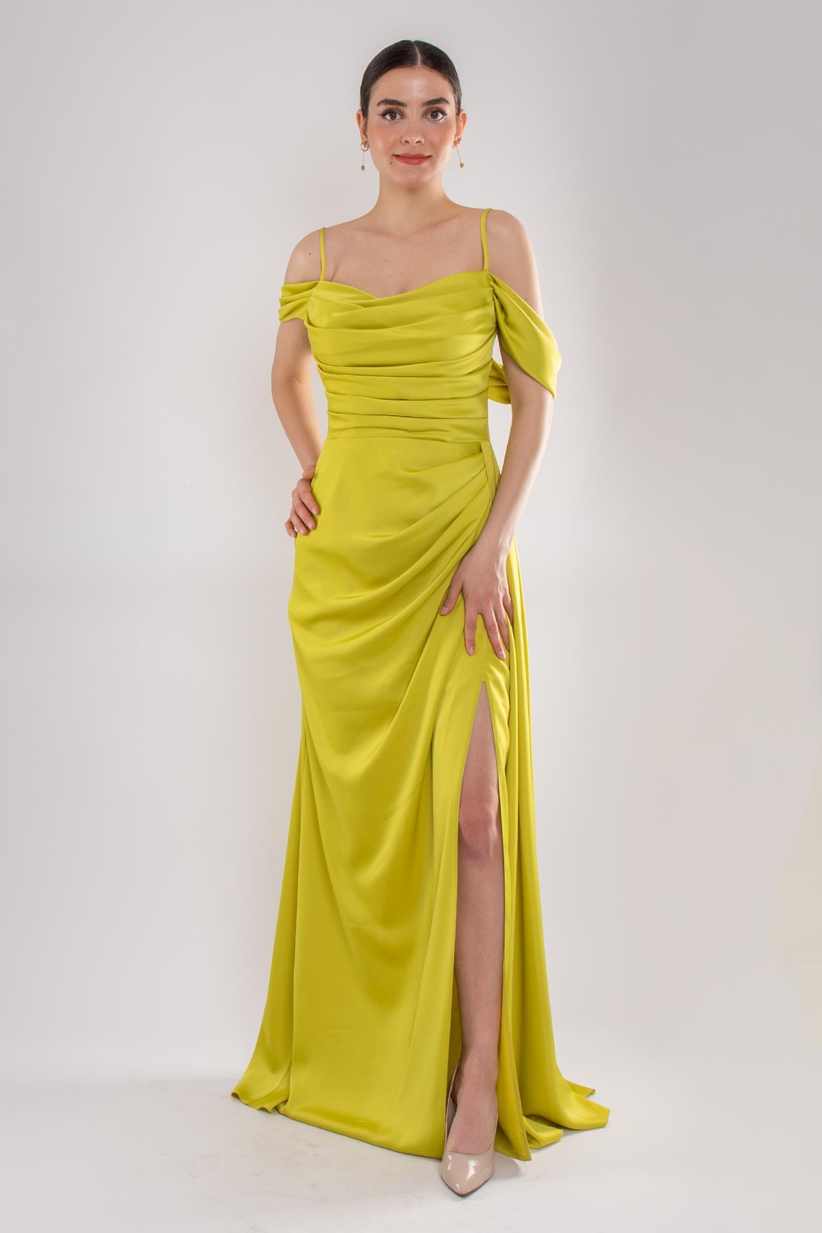 449 İp Askılı Şalyaka Kuyruklu Uzun Saten Elbise