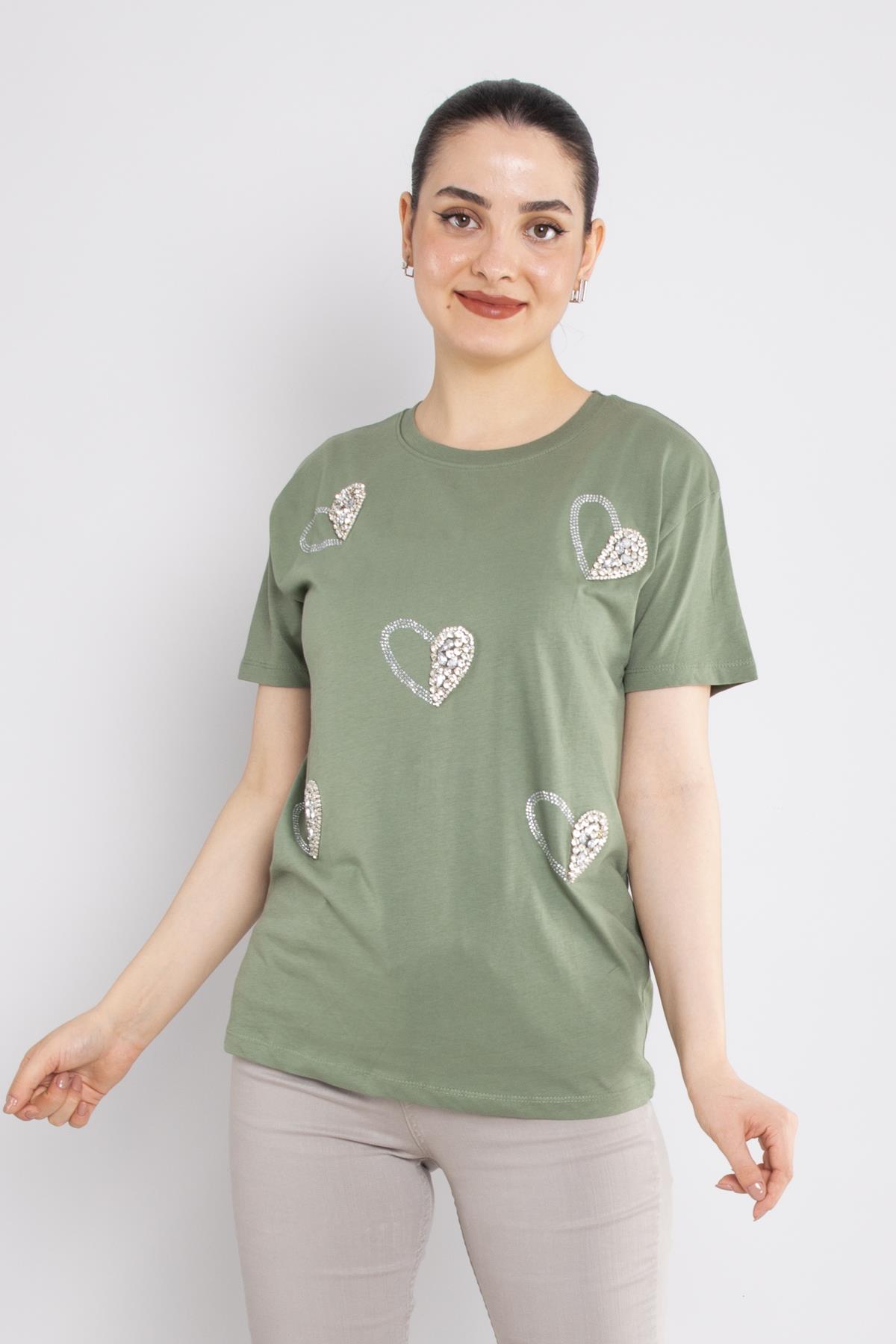 4504 (7691) Bisiklet Yaka Kalp Baskı Taşlı Pamuk Tshirt