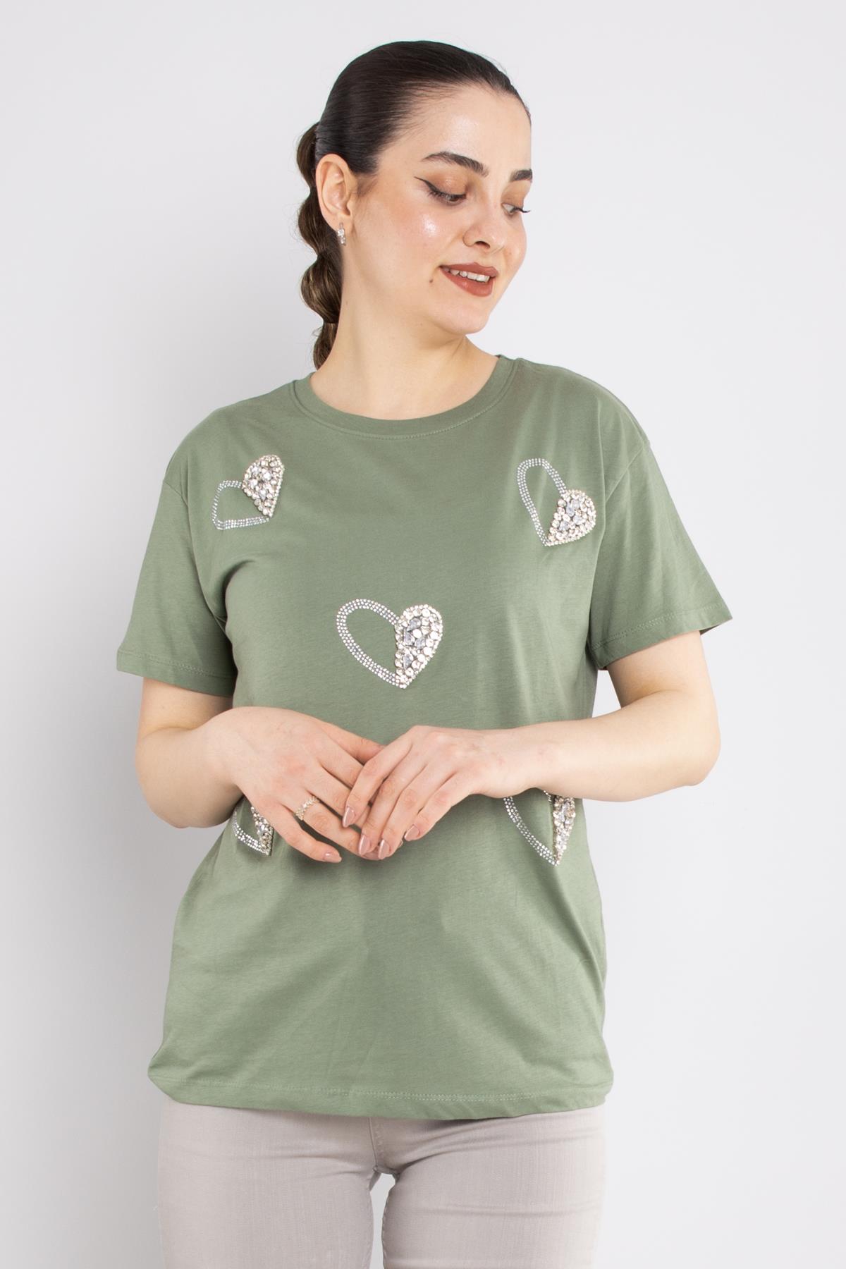 4504 (7691) Bisiklet Yaka Kalp Baskı Taşlı Pamuk Tshirt