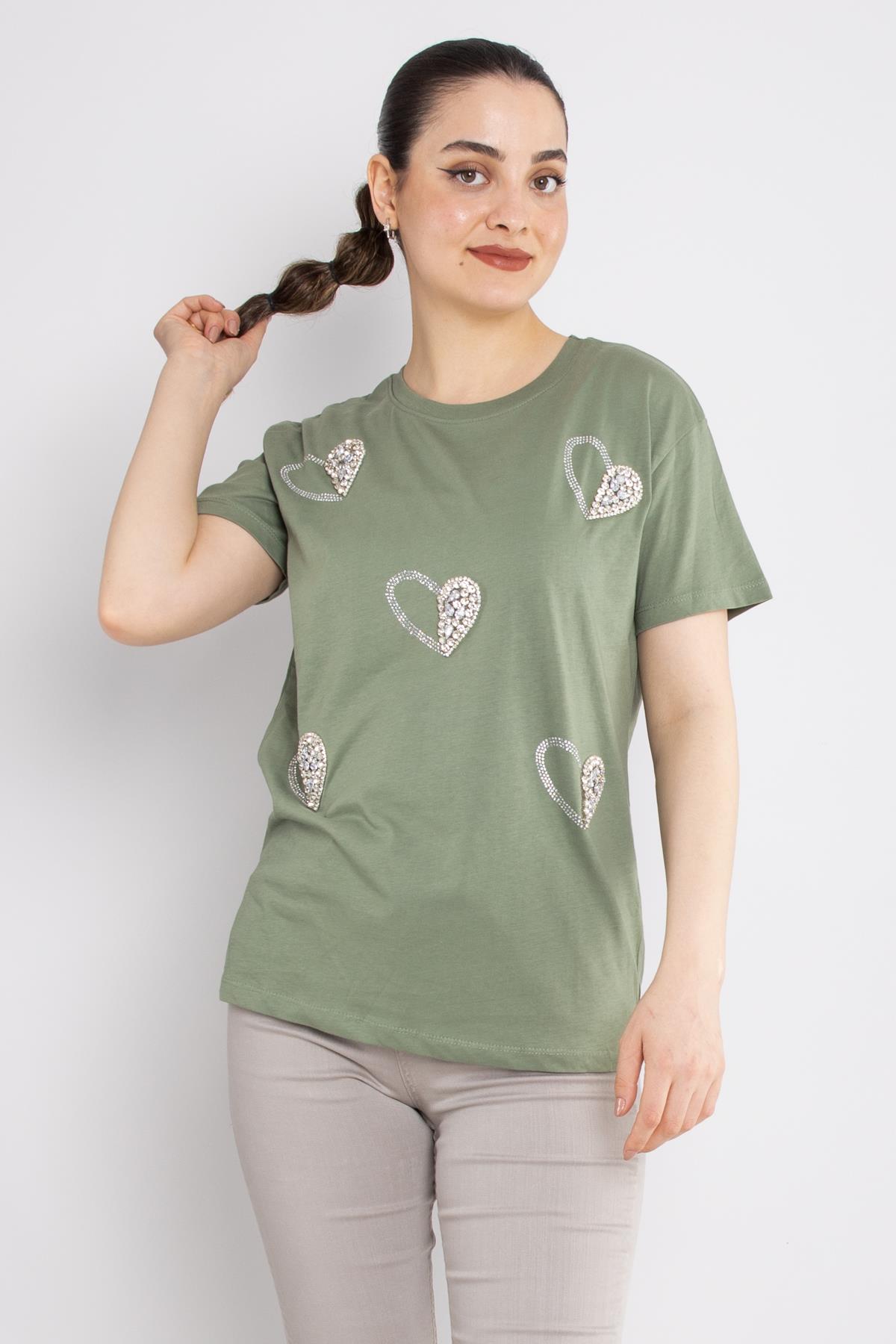 4504 (7691) Bisiklet Yaka Kalp Baskı Taşlı Pamuk Tshirt