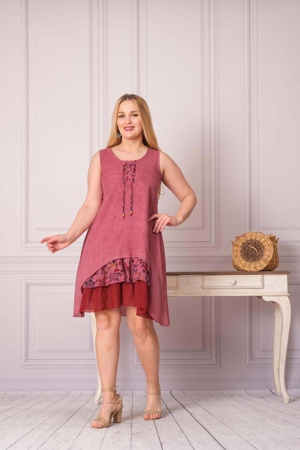 4533 Yakası İpli Eteği Parçalı Kolsuz Pamuk Otantik Elbise