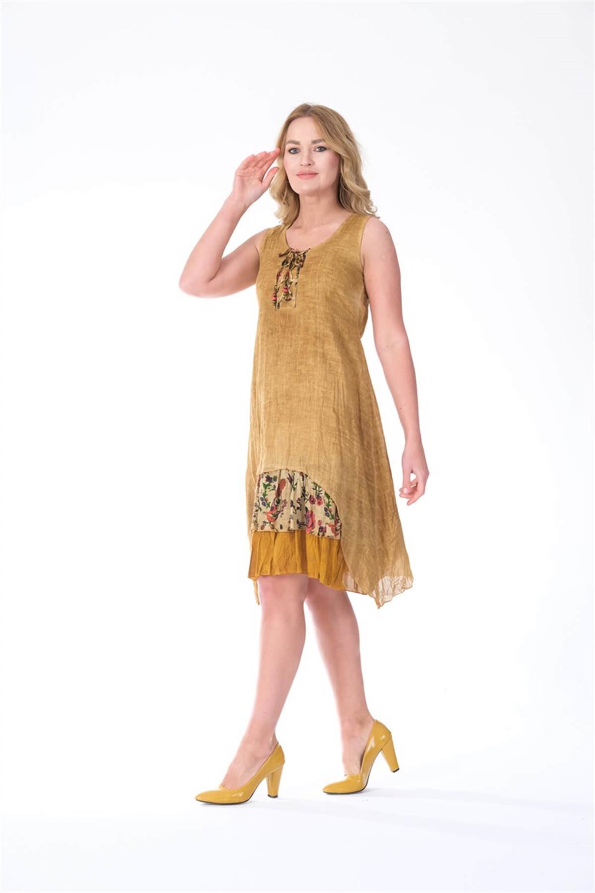 4533 Yakası İpli Eteği Parçalı Kolsuz Pamuk Otantik Elbise