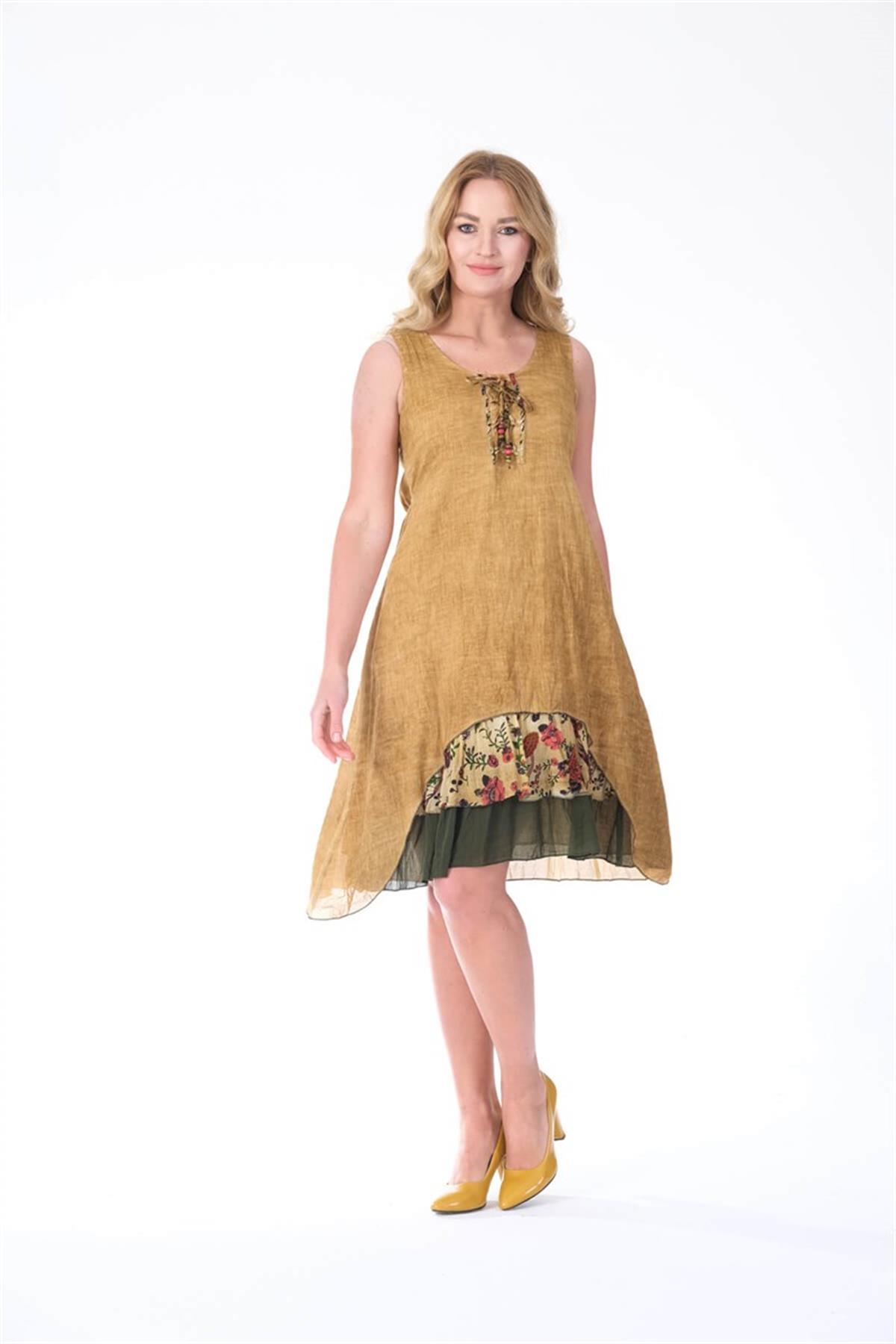 4533 Yakası İpli Eteği Parçalı Kolsuz Pamuk Otantik Elbise