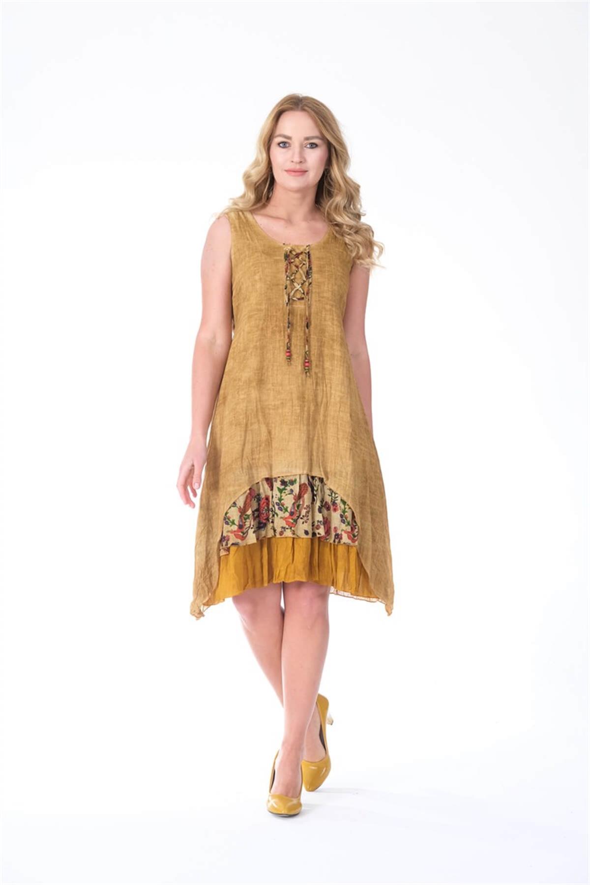 4533 Yakası İpli Eteği Parçalı Kolsuz Pamuk Otantik Elbise