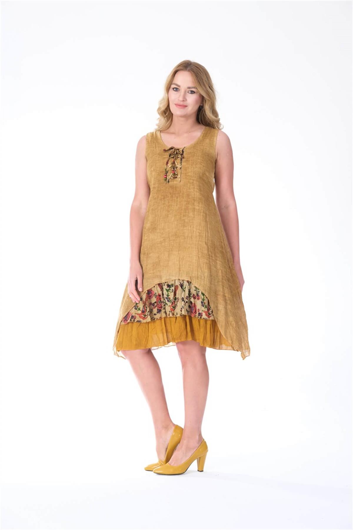 4533 Yakası İpli Eteği Parçalı Kolsuz Pamuk Otantik Elbise