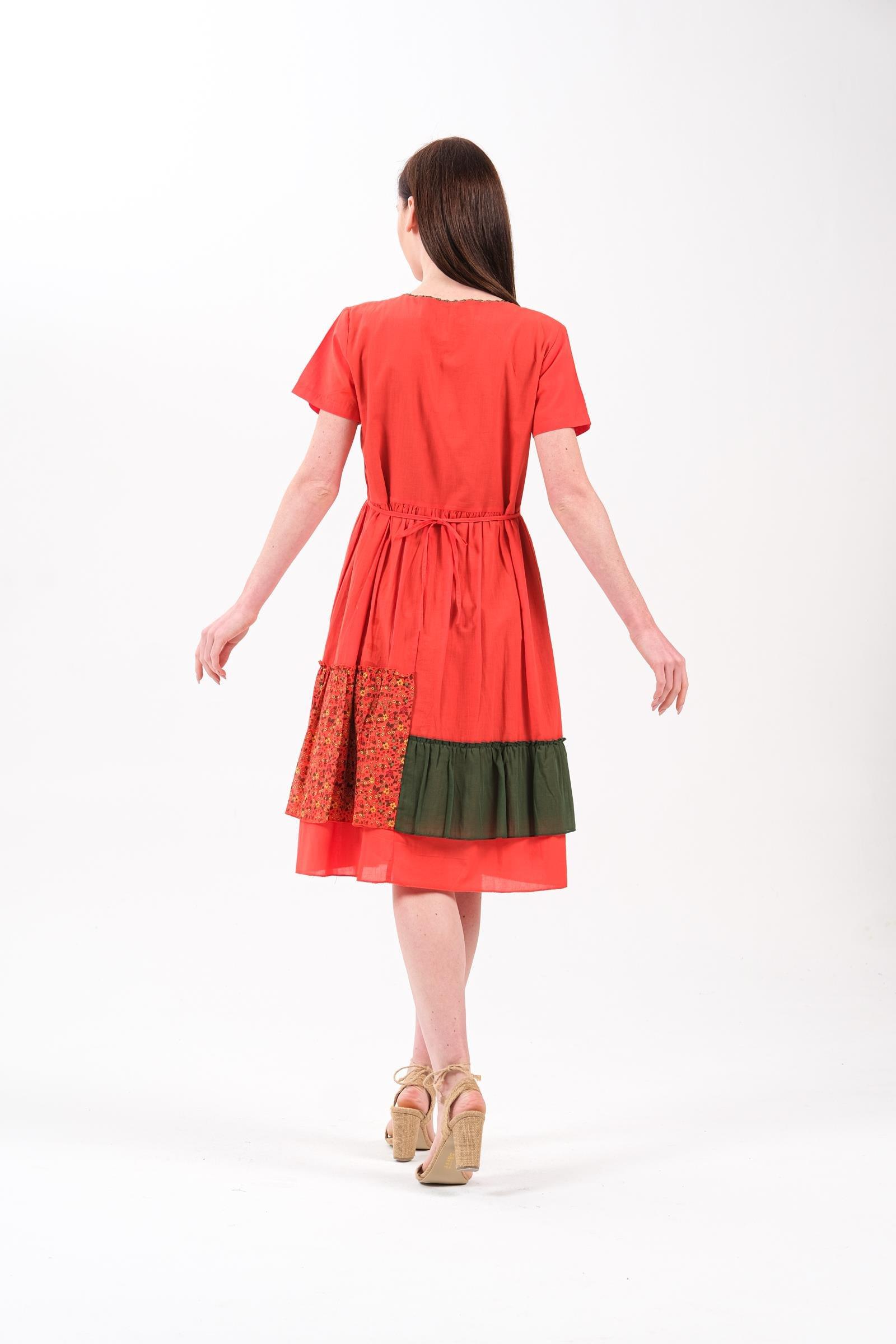 4536 Cep Püskül Detay Parçalı Kısa Kol Otantik Pamuk Elbise