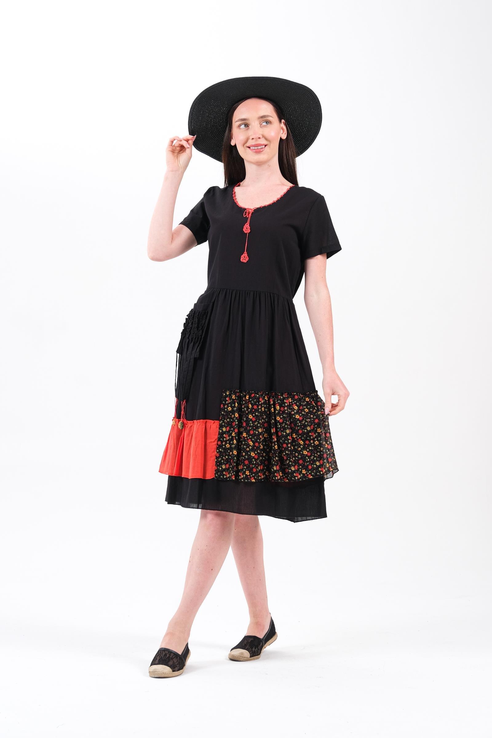 4536 Cep Püskül Detay Parçalı Kısa Kol Otantik Pamuk Elbise