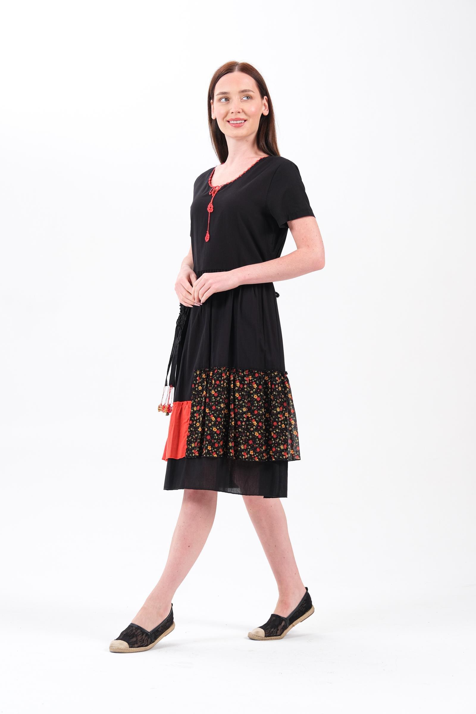 4536 Cep Püskül Detay Parçalı Kısa Kol Otantik Pamuk Elbise