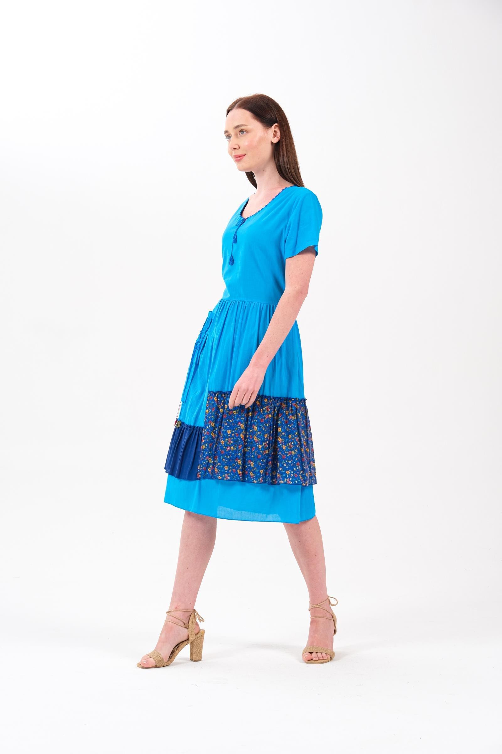 4536 Cep Püskül Detay Parçalı Kısa Kol Otantik Pamuk Elbise