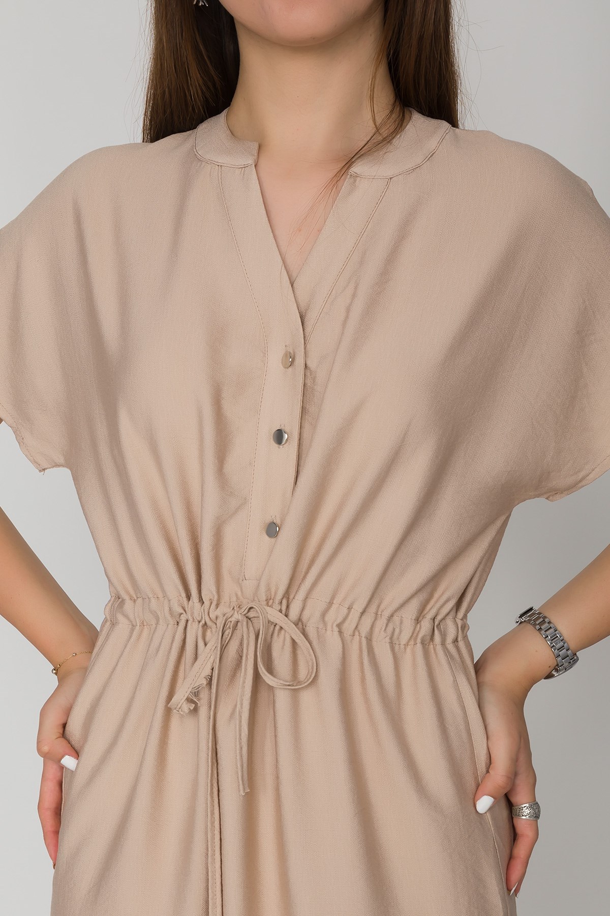 4562 Beli Büzgülü Vyaka Yırtmaçlı Viscon Elbise