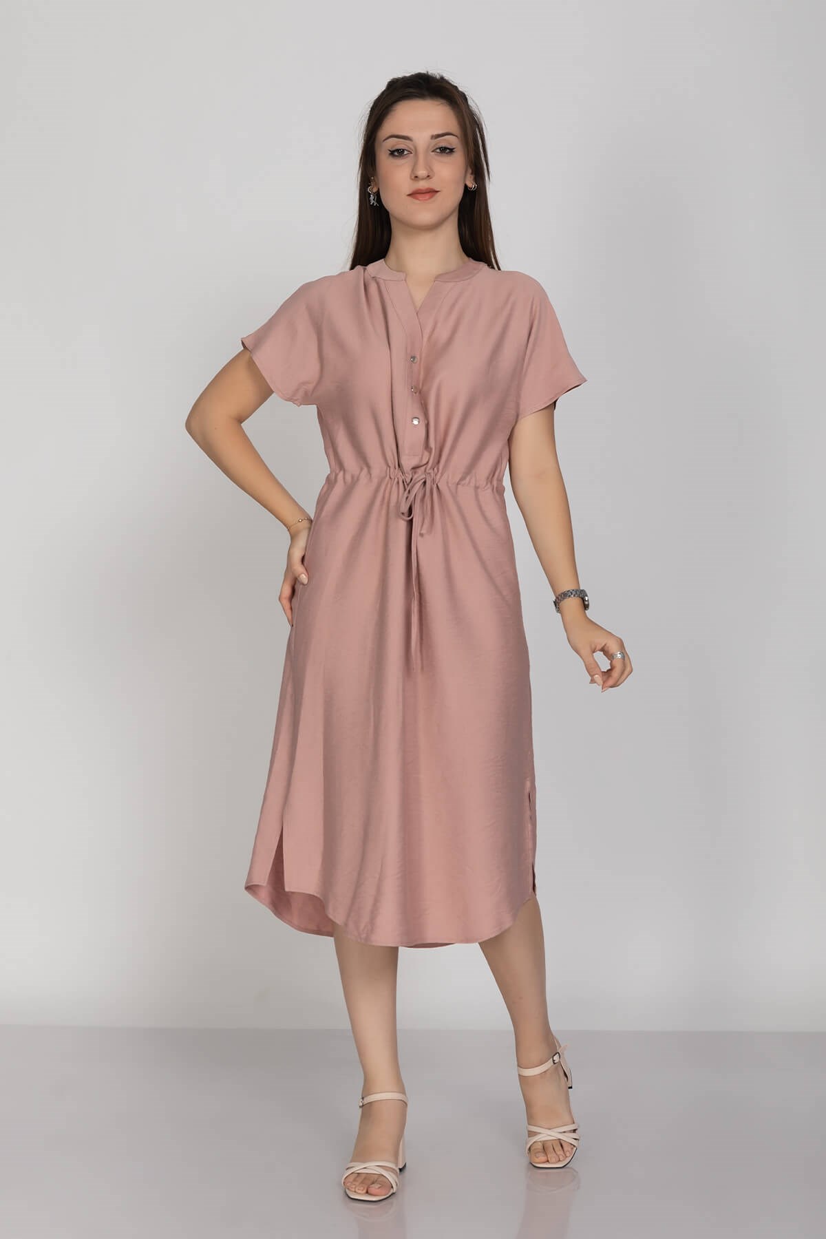 4562 Beli Büzgülü Vyaka Yırtmaçlı Viscon Elbise