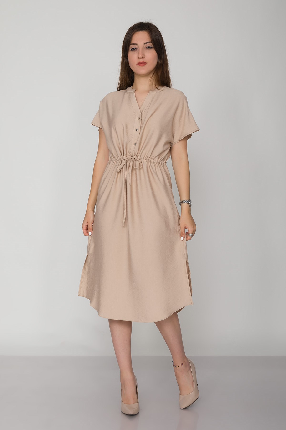 4562 Beli Büzgülü Vyaka Yırtmaçlı Viscon Elbise