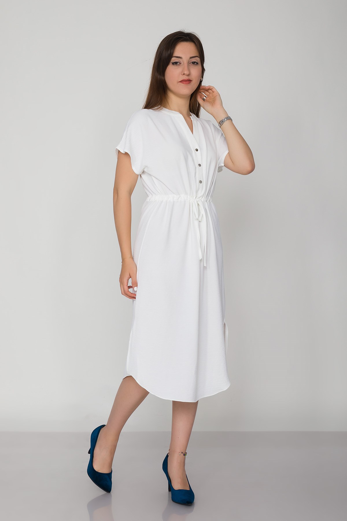 4562 Beli Büzgülü Vyaka Yırtmaçlı Viscon Elbise