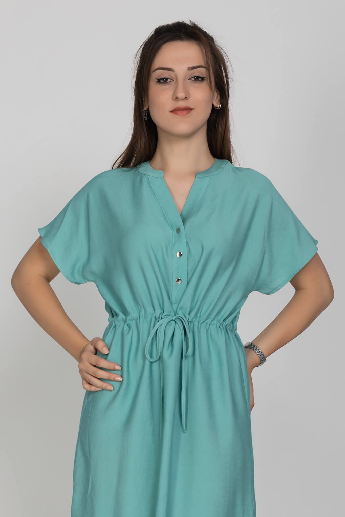 4562 Beli Büzgülü Vyaka Yırtmaçlı Viscon Elbise