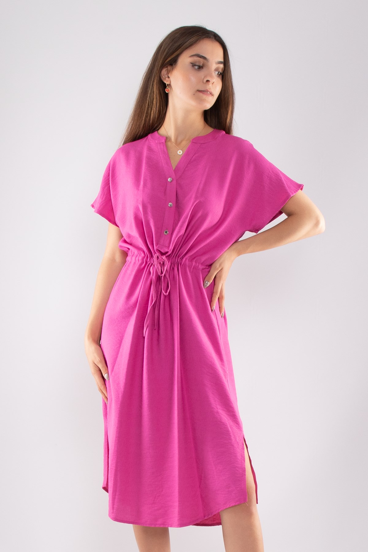 4562 Beli Büzgülü Vyaka Yırtmaçlı Viscon Elbise