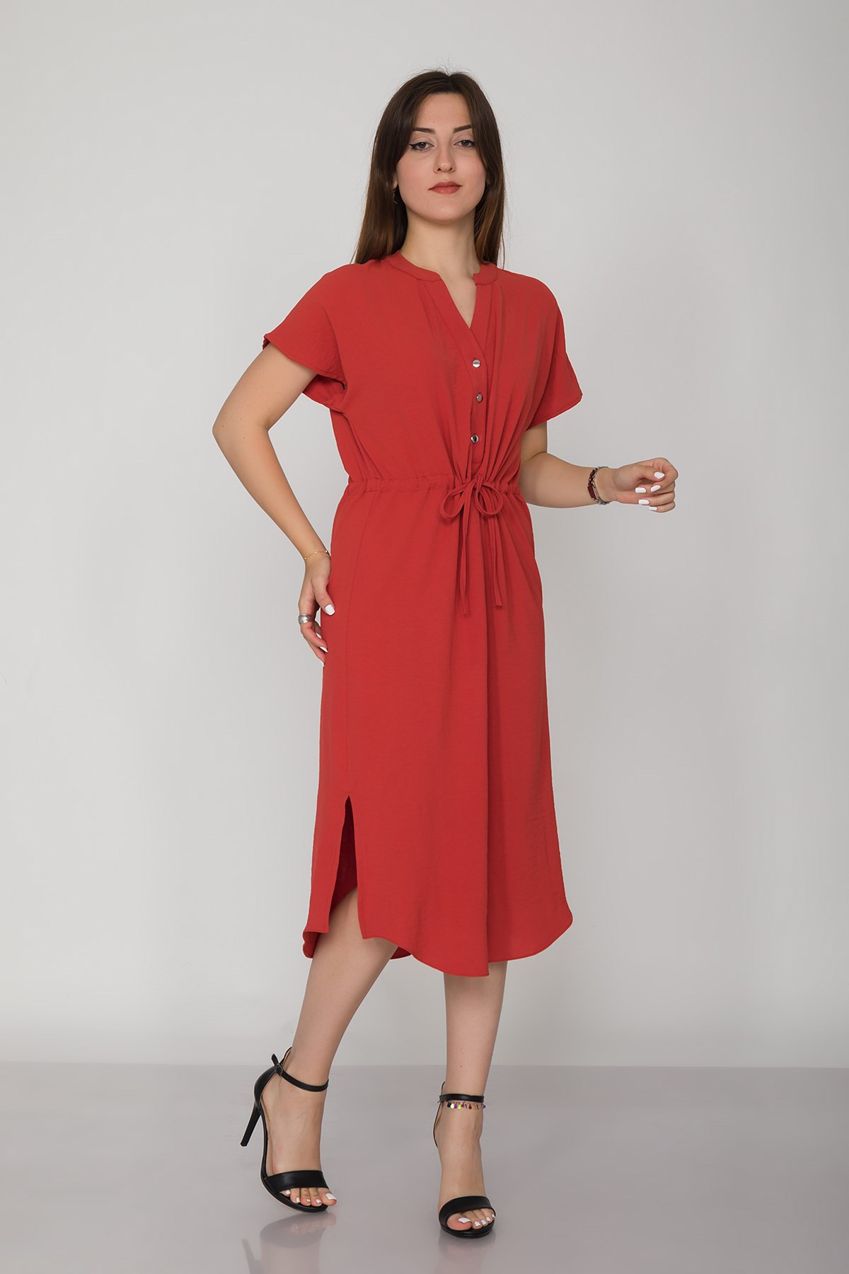 4562 Beli Büzgülü Vyaka Yırtmaçlı Viscon Elbise